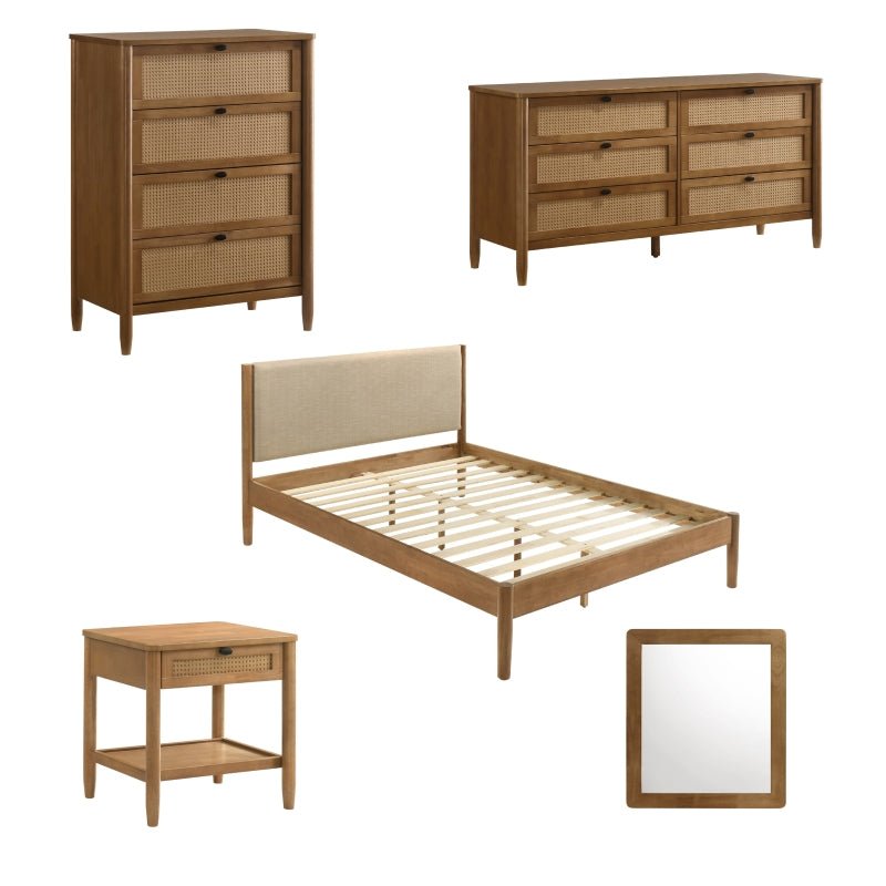 Hemsworth 5 - Piece Bedroom Set – Natural Wood Tone & Upholstered Comfort - solid wood furniture by Chic Woods