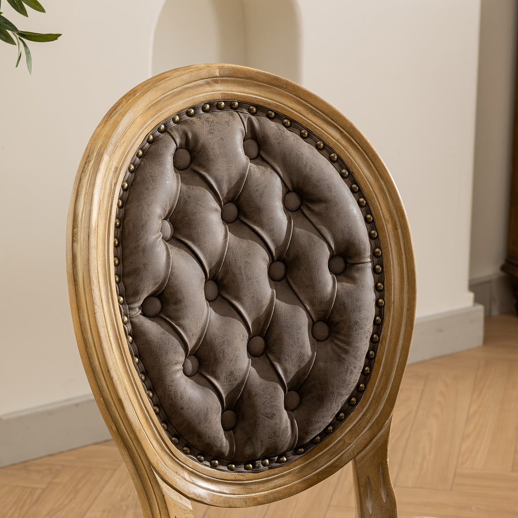 Classic French Style Dining Chairs- Solid Wood Frame, Faux Leather, Nail head accents