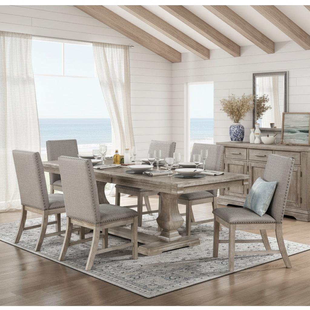 Traditional Style 7pcs Dining Set Table with Extension Leaf and 6x Side Chairs Brownish Gray Finish Wooden Dining Kitchen Furniture