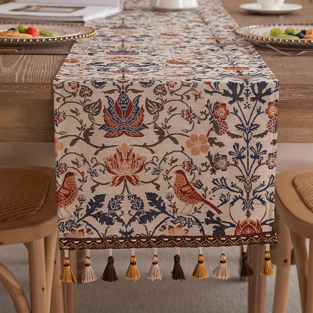 Vintage Floral & Bird Table Runner with Tassels