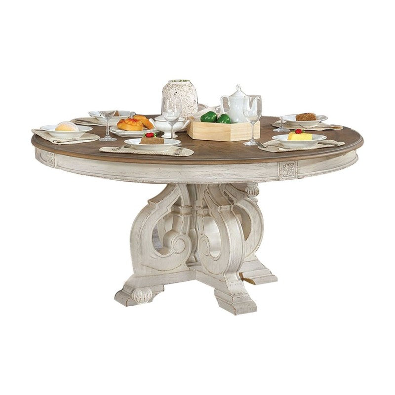 Dining Room 1pc Table Pedestal Base Antique White Round Table Solid Wood Furniture Rustic Style