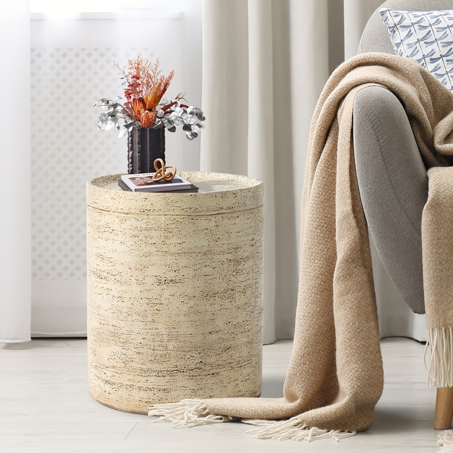 Concrete Side Table, Outdoor Side Table For Patio, 14" Outdoor Accent Table Patio Round Side Table End Table
