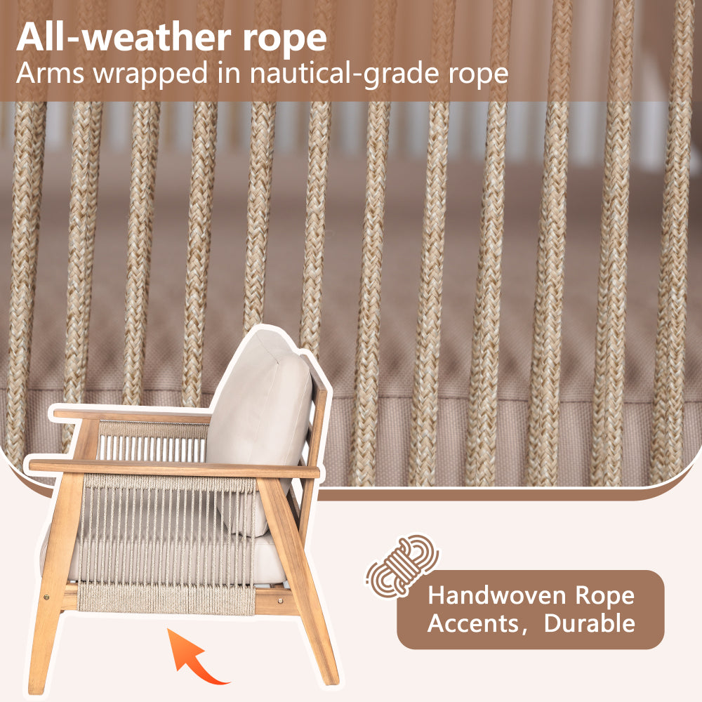 [Modular Outdoor Sofa] Acacia Wood Modular Outdoor Sofa Set 4pcs, Rope Accent Patio Furniture with [Removable Beige Cushions], Weatherproof Seating for Backyard, Garden, Deck