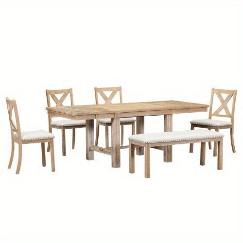 Thompson 6 - Piece Farmhouse Dining Set - 82" Extendable Table with Footrest, 4 Upholstered Chairs & Bench, Natural beige Cushions - solid wood furniture by Chic Woods