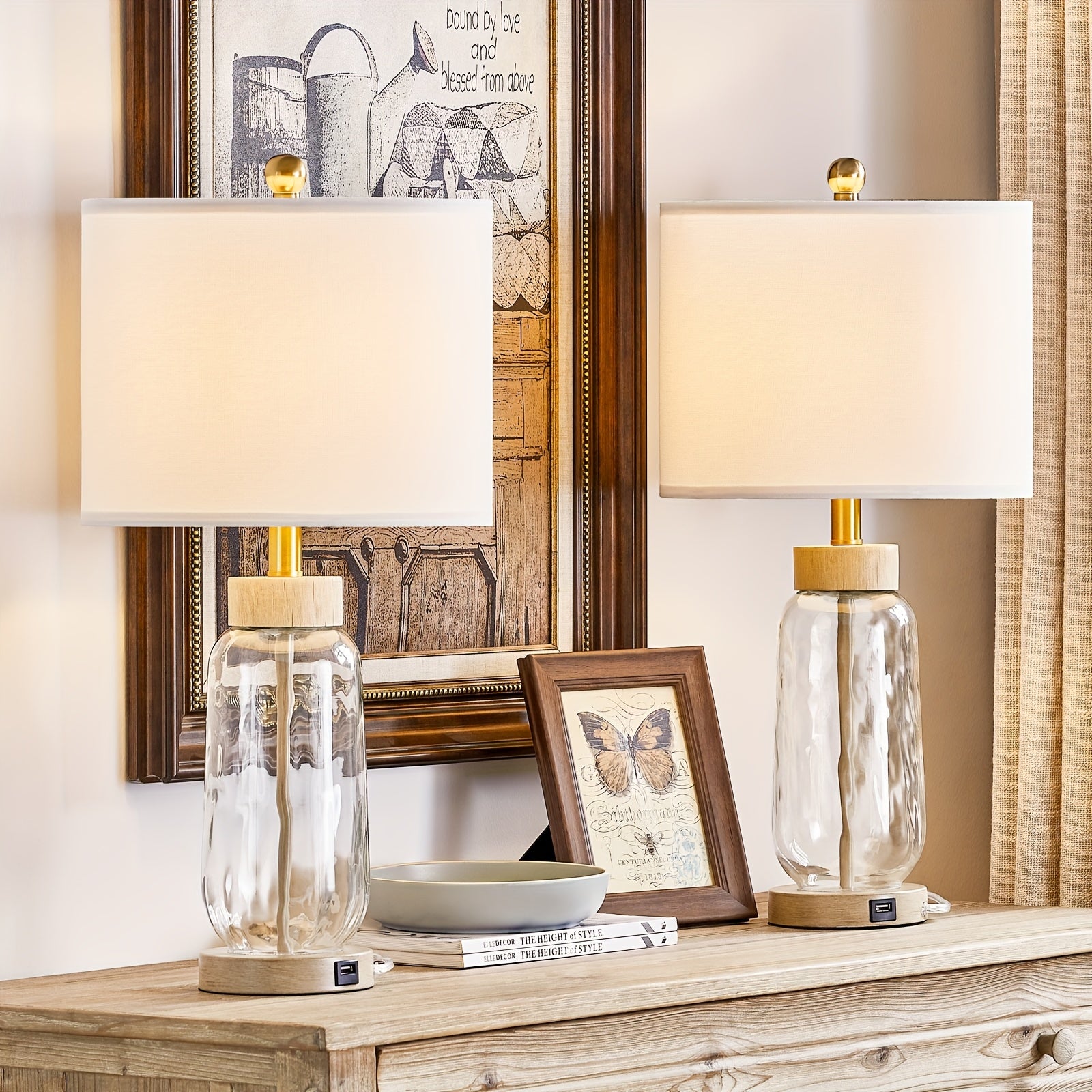 Set of 2 Clear Glass Table Lamps with USB charge port