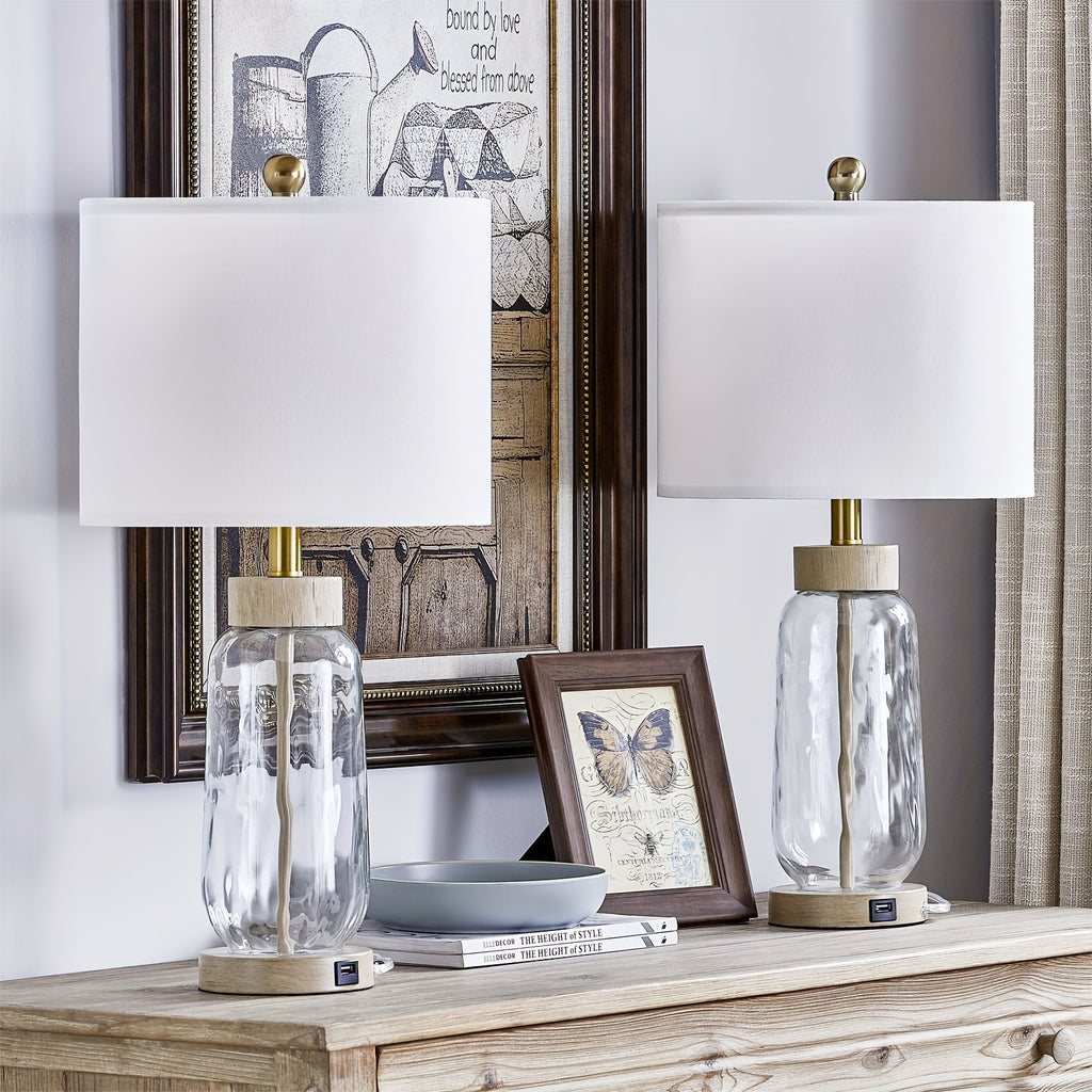Set of 2 Clear Glass Table Lamps with USB charge port