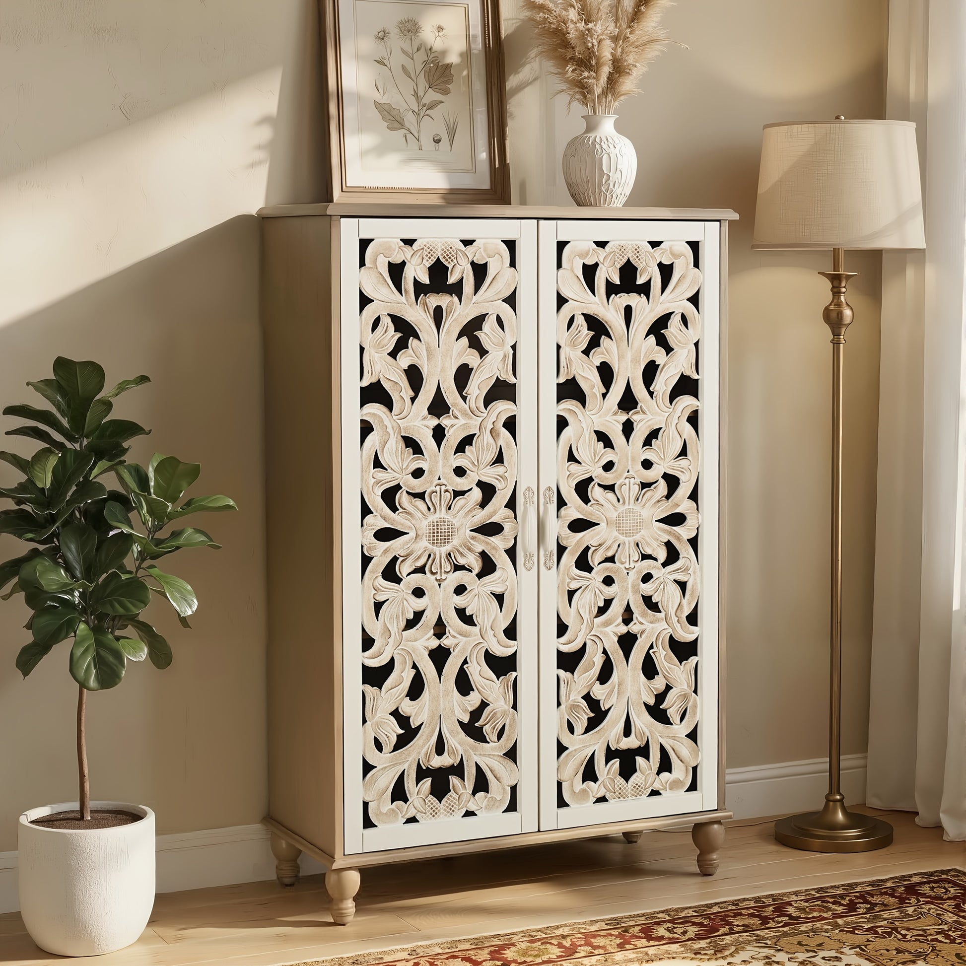 47.6"H Tall Cabinet Sideboard, Coffee Bar with 2 Doors, Featuring Cabinet with Adjustable Shelves; Suitable for in Kitchens, Dining Rooms Or Hallways