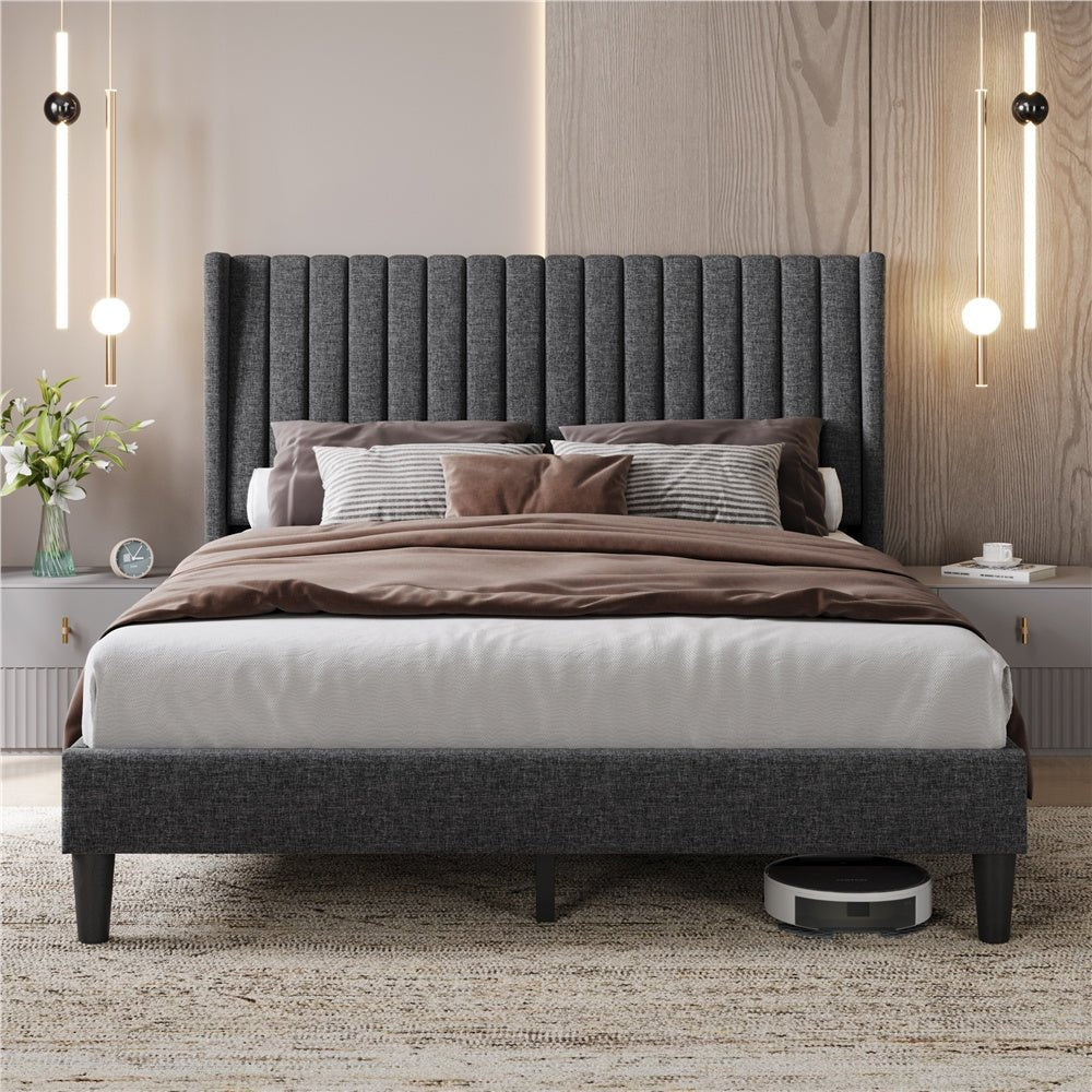 Sloane Wingback Bed – Upholstered Platform Frame, Easy Assembly - solid wood furniture by Chic Woods