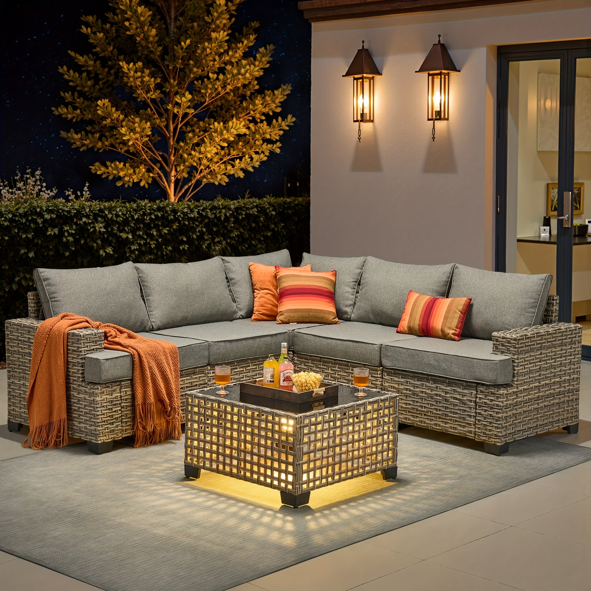 6pcs Sectional Sofa Couch, Outdoor Wicker Patio Furniture Set With Atmosphere Coffee Table, Modular Design Weather-Resistant Rattan Furniture With Thicker Padded Cushions For Backyard, Deck, And Porch