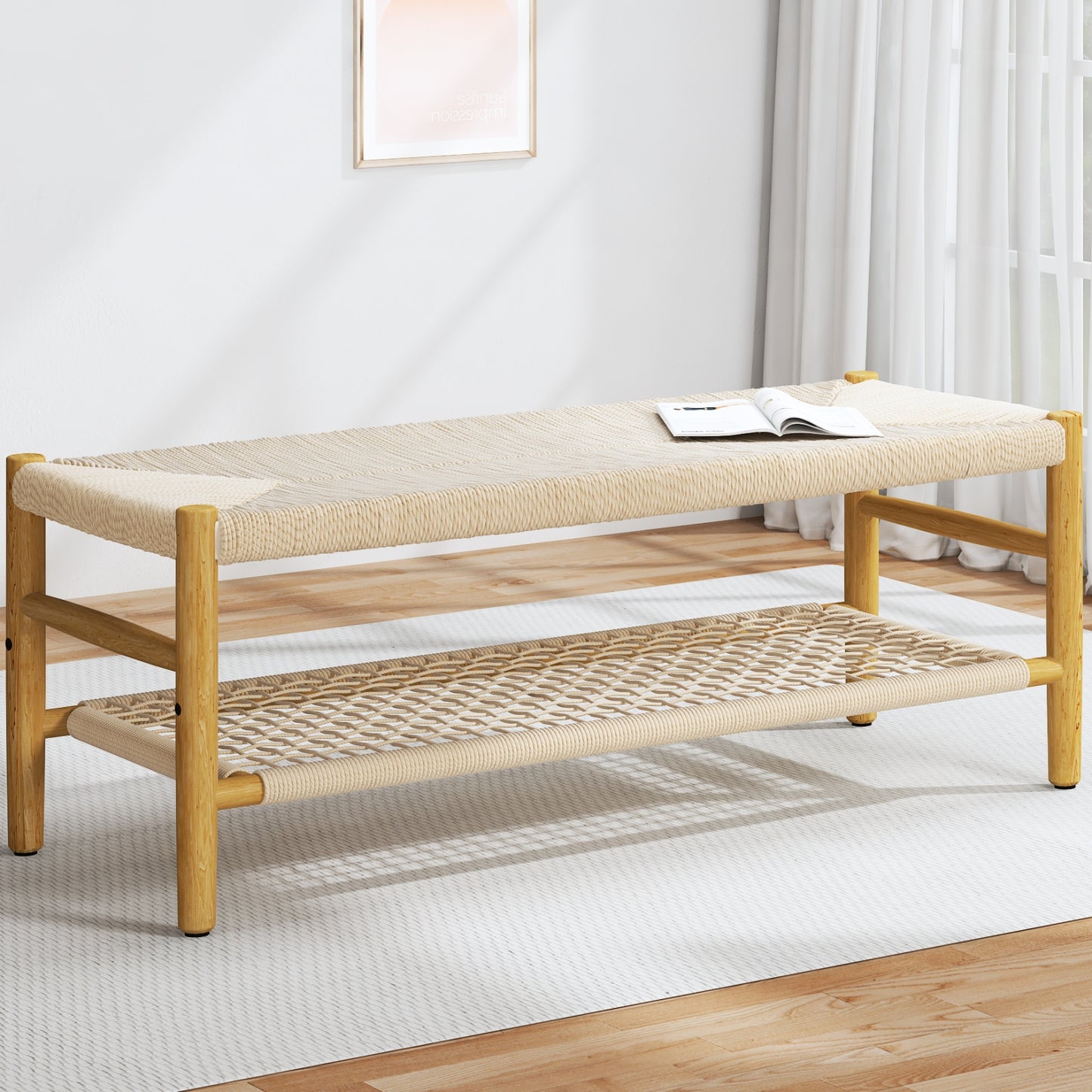 Cambria Rattan Storage Bench | 39” Woven Seat with Baskets