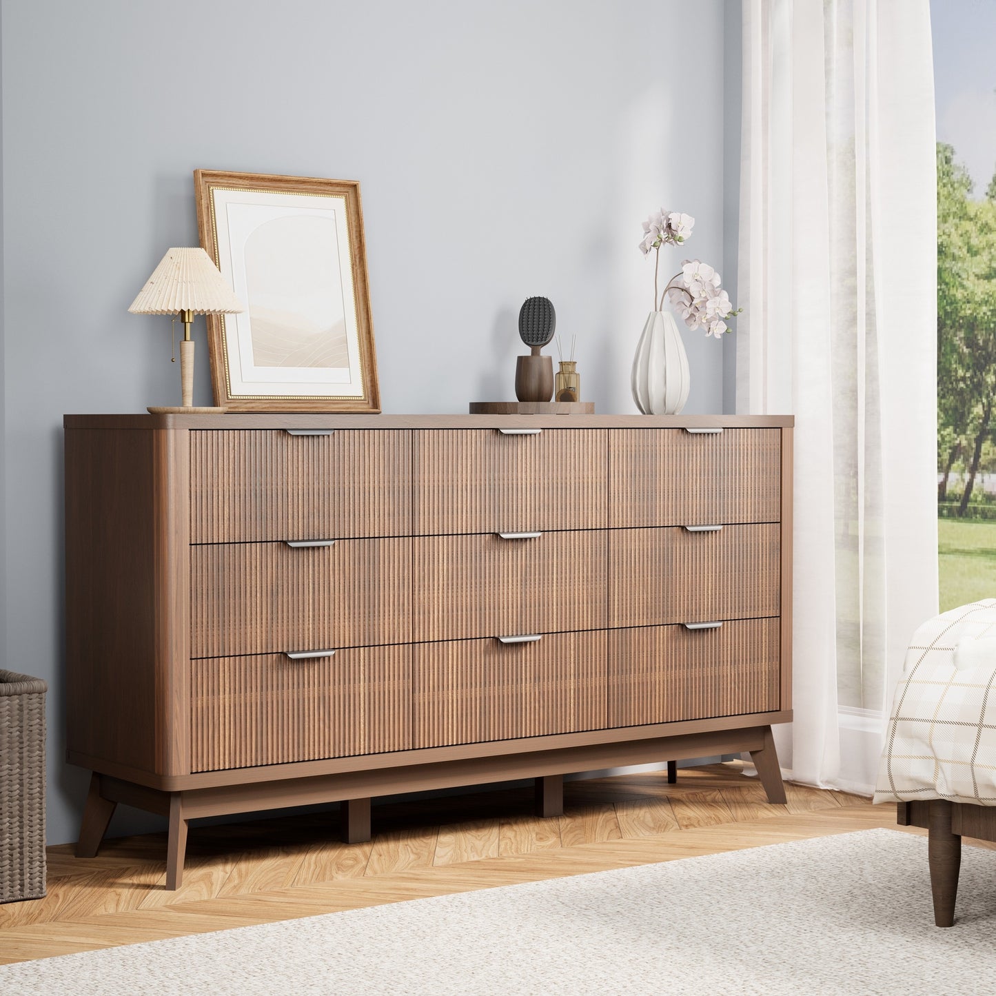 Willow Bend Nine-Drawer Wood Dresser
59″ Mid-Century Inspired Solid Wood Storage Chest