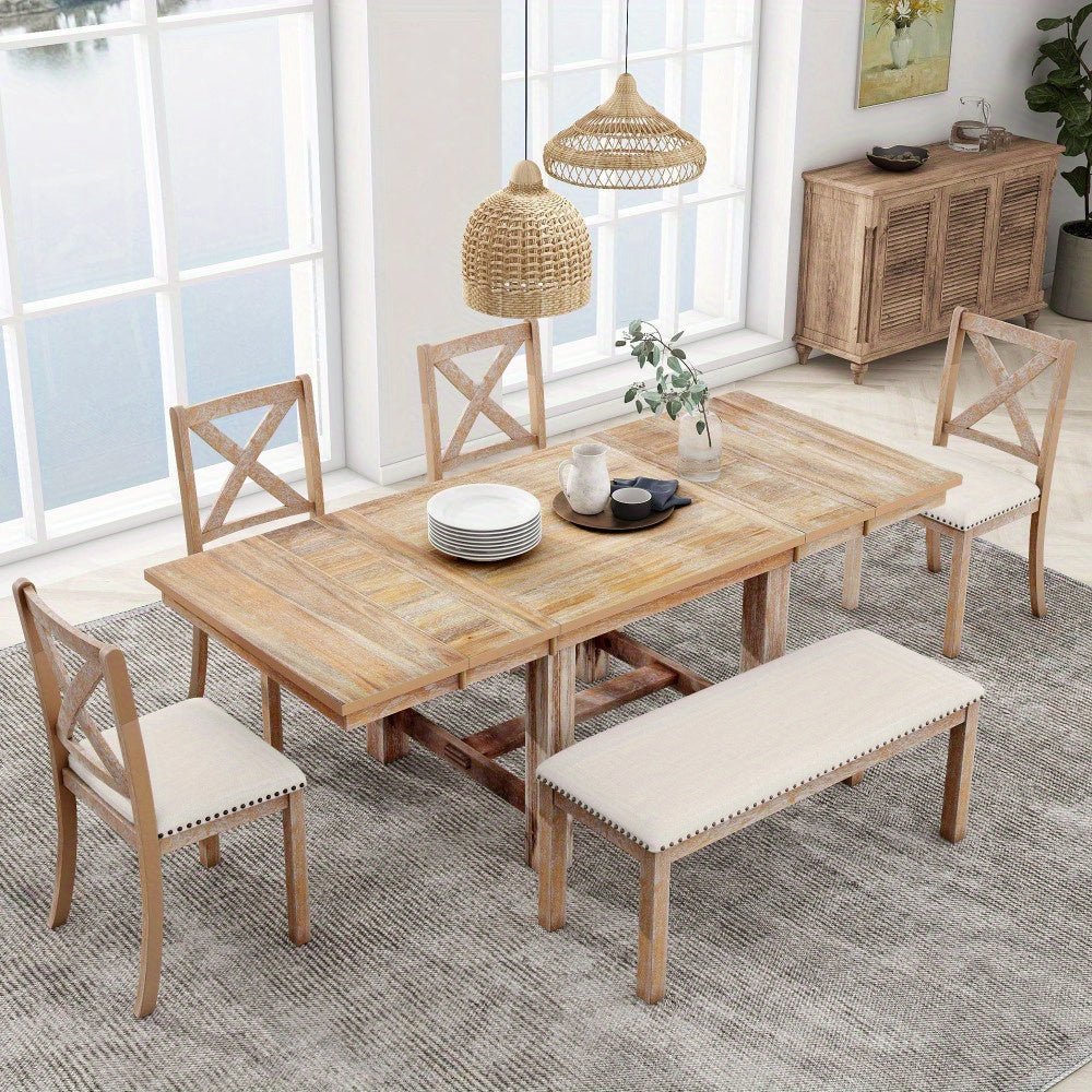 Thompson 6 - Piece Farmhouse Dining Set - 82" Extendable Table with Footrest, 4 Upholstered Chairs & Bench, Natural beige Cushions - solid wood furniture by Chic Woods