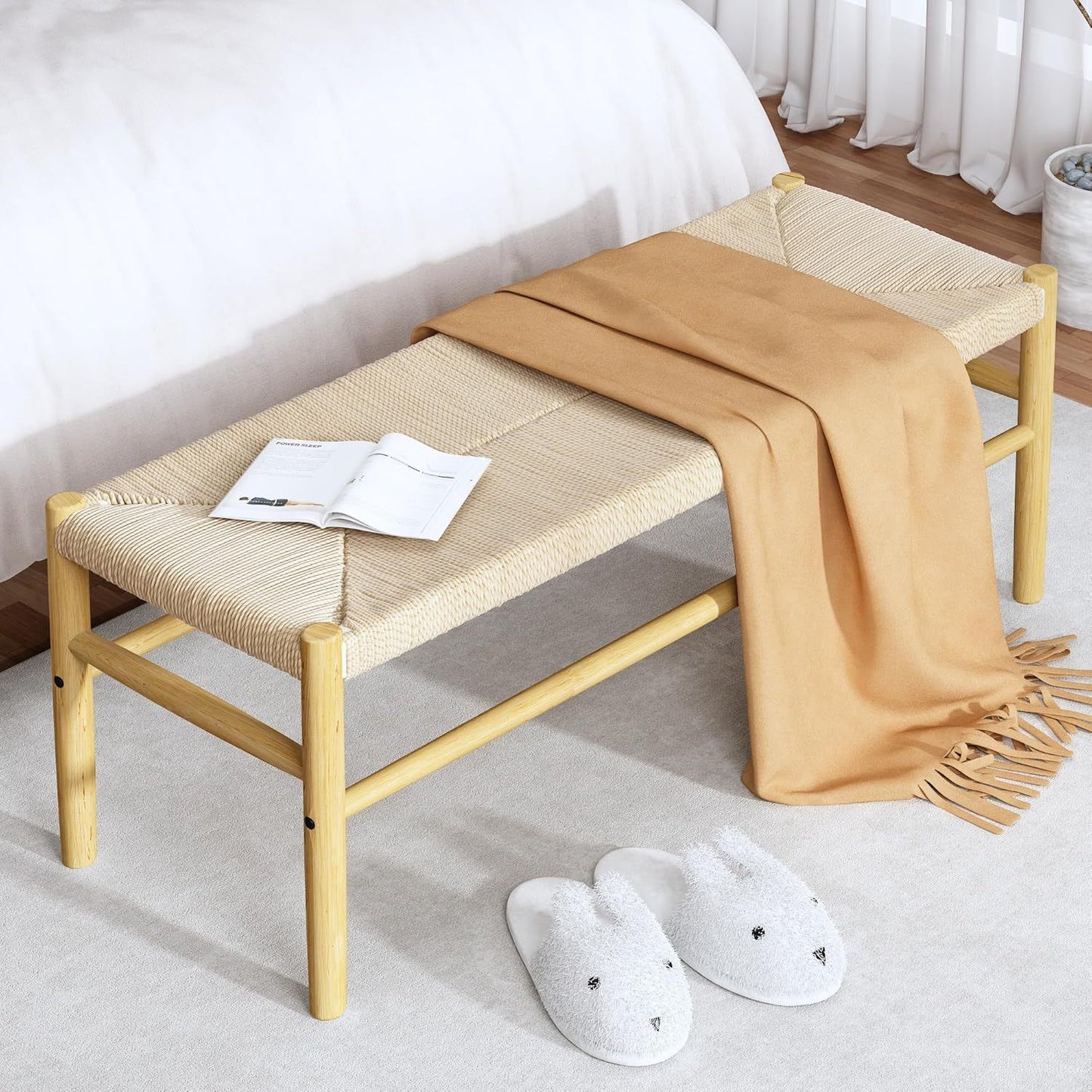 Cambria Rattan Storage Bench | 39” Woven Seat with Baskets