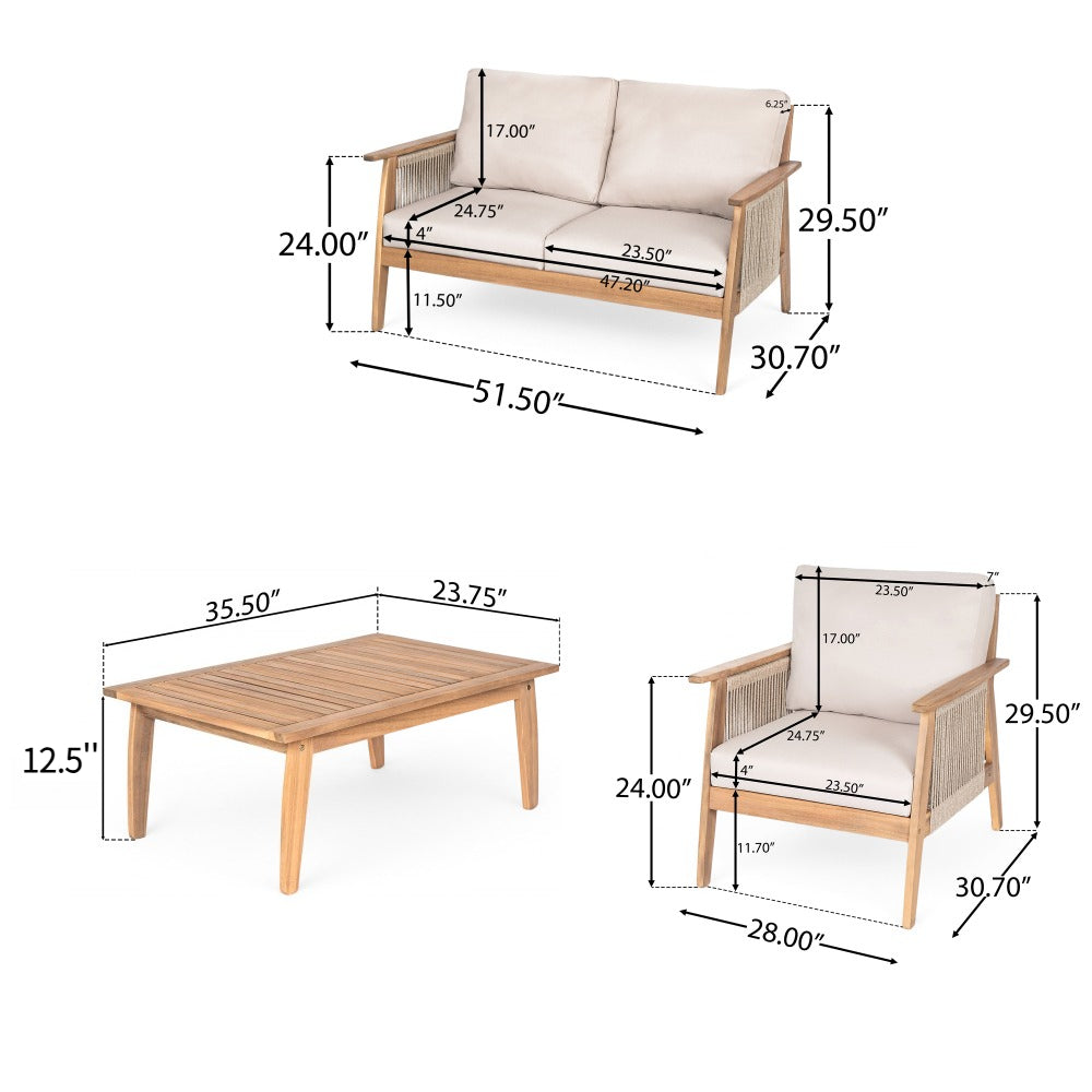 [Modular Outdoor Sofa] Acacia Wood Modular Outdoor Sofa Set 4pcs, Rope Accent Patio Furniture with [Removable Beige Cushions], Weatherproof Seating for Backyard, Garden, Deck