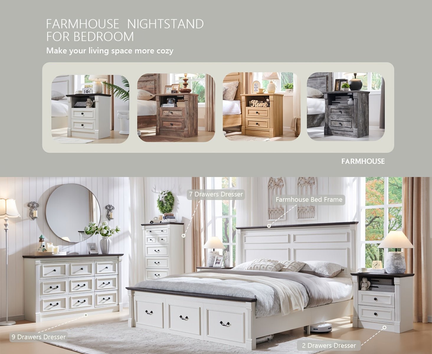 Hearthstead 2 - Piece Farmhouse Nightstand Set – Wood Design with Charging Station - solid wood furniture by Chic Woods