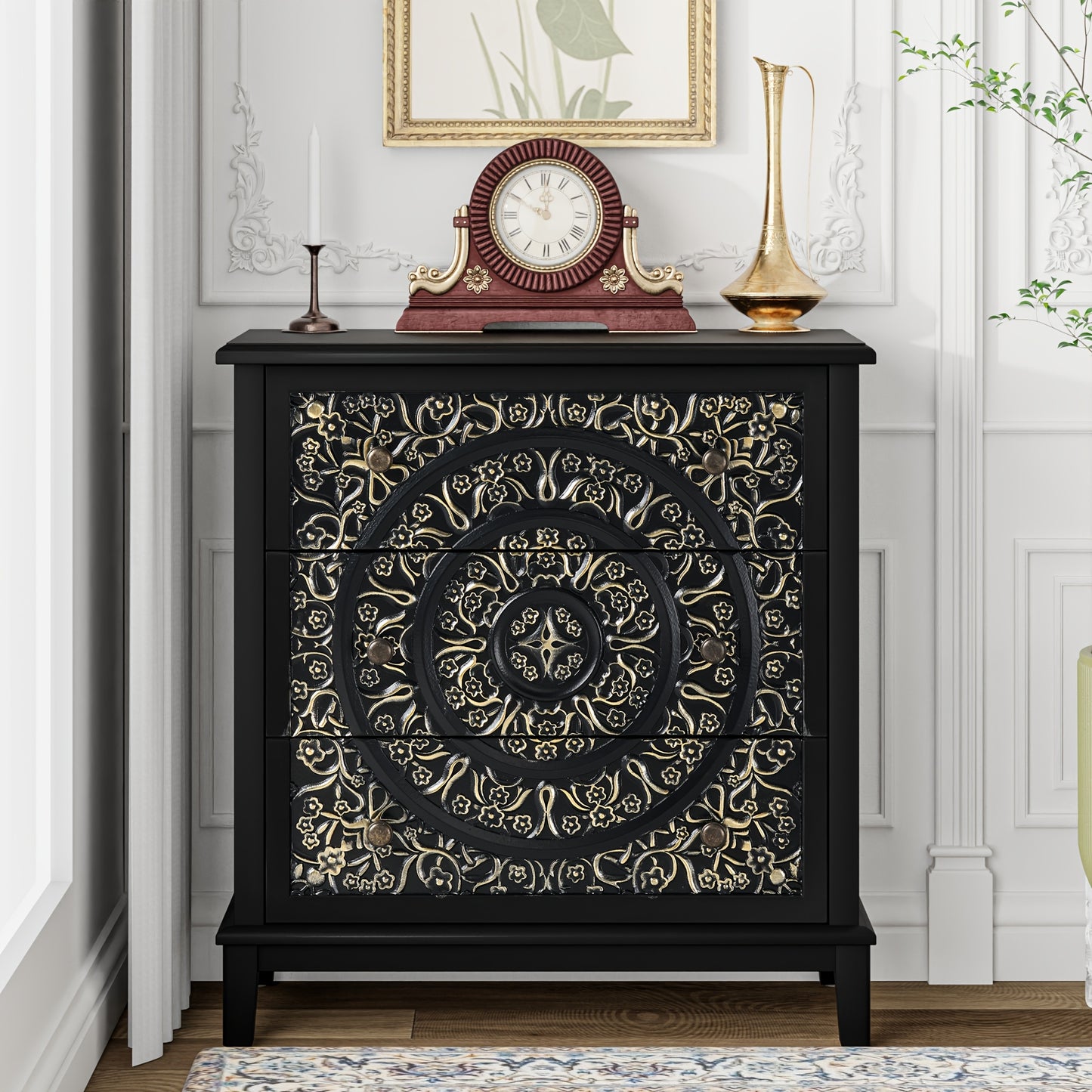 Rustic Farmhouse 3-Drawer Dresser with Floral Motif