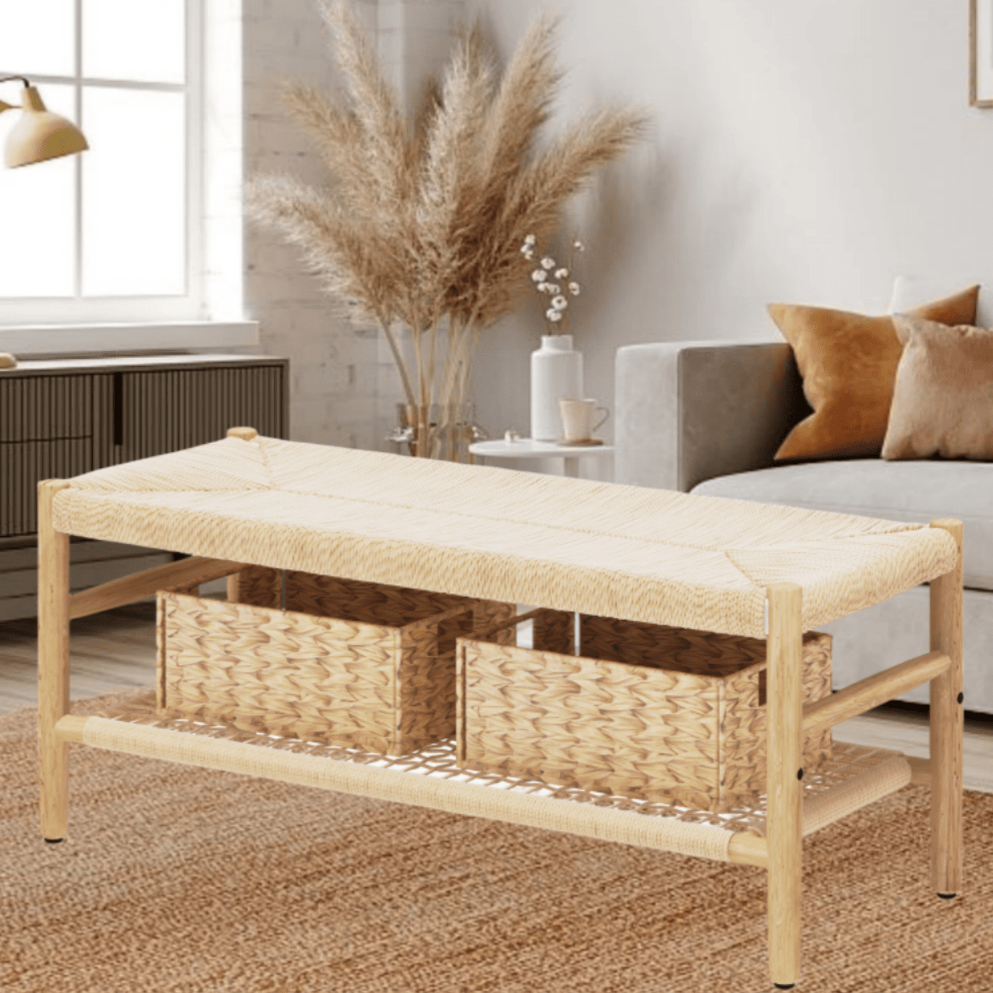 Cambria Rattan Storage Bench | 39” Woven Seat with Baskets