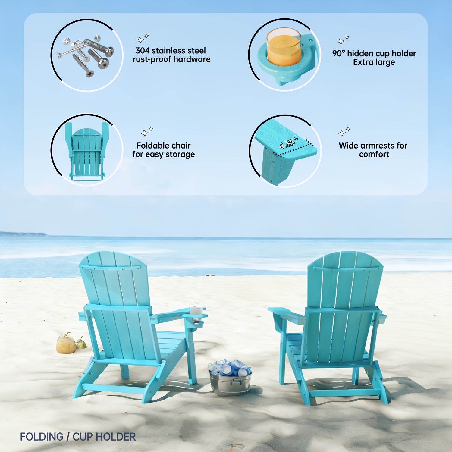 HDPE Folding Adirondack Chair 4Pack/6Pack, All-Weather Fire Pit Chairs with Cup Holder, Outdoor Lawn Chair for Patio Garden
