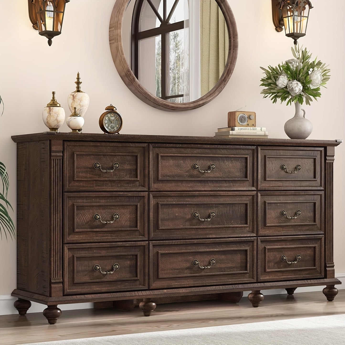 Classic Farmhouse 63″ Dresser with Nine Drawers & Architectural Detailing