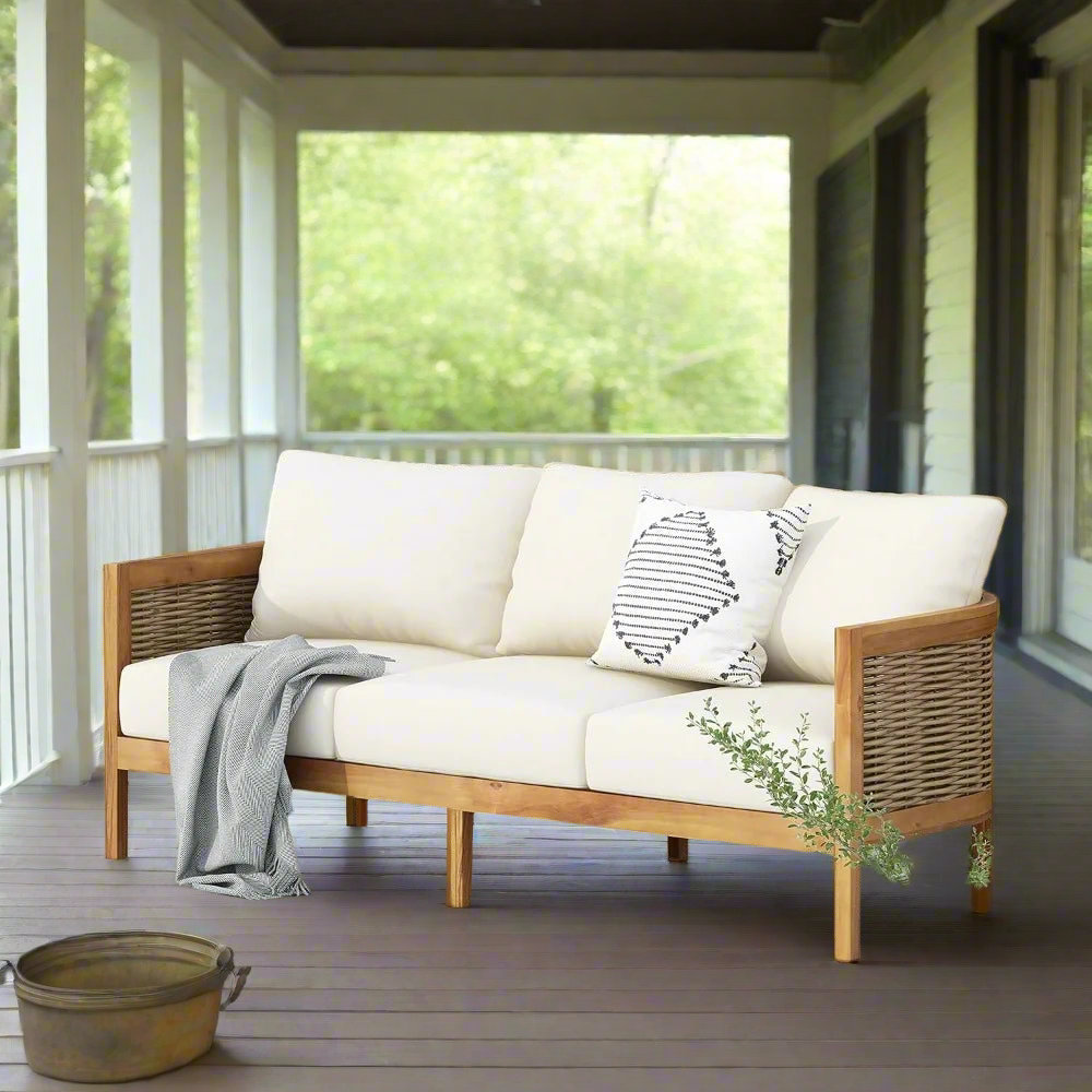 Outdoor Acacia Wood & Wicker Sofa
