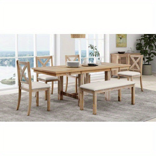 Thompson 6-Piece Farmhouse Dining Set- 82" Extendable Table with Footrest, 4 Upholstered Chairs & Bench, Natural beige Cushions