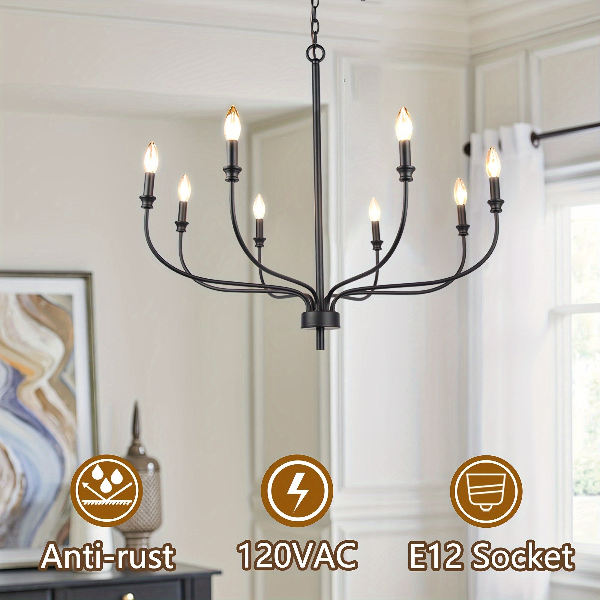 Modern Black Chandelier, 8-Light Farmhouse Chandelier For Dining Room Light Fixtures, Industrial Metal Candle Chandelier For Kitchen Island Bedroom