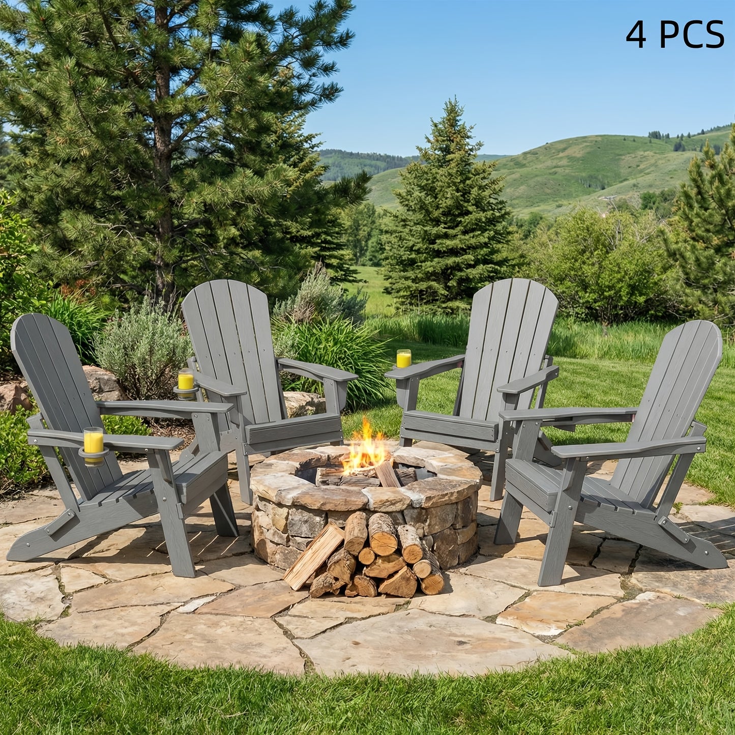 HDPE Folding Adirondack Chair 4Pack/6Pack, All-Weather Fire Pit Chairs with Cup Holder, Outdoor Lawn Chair for Patio Garden
