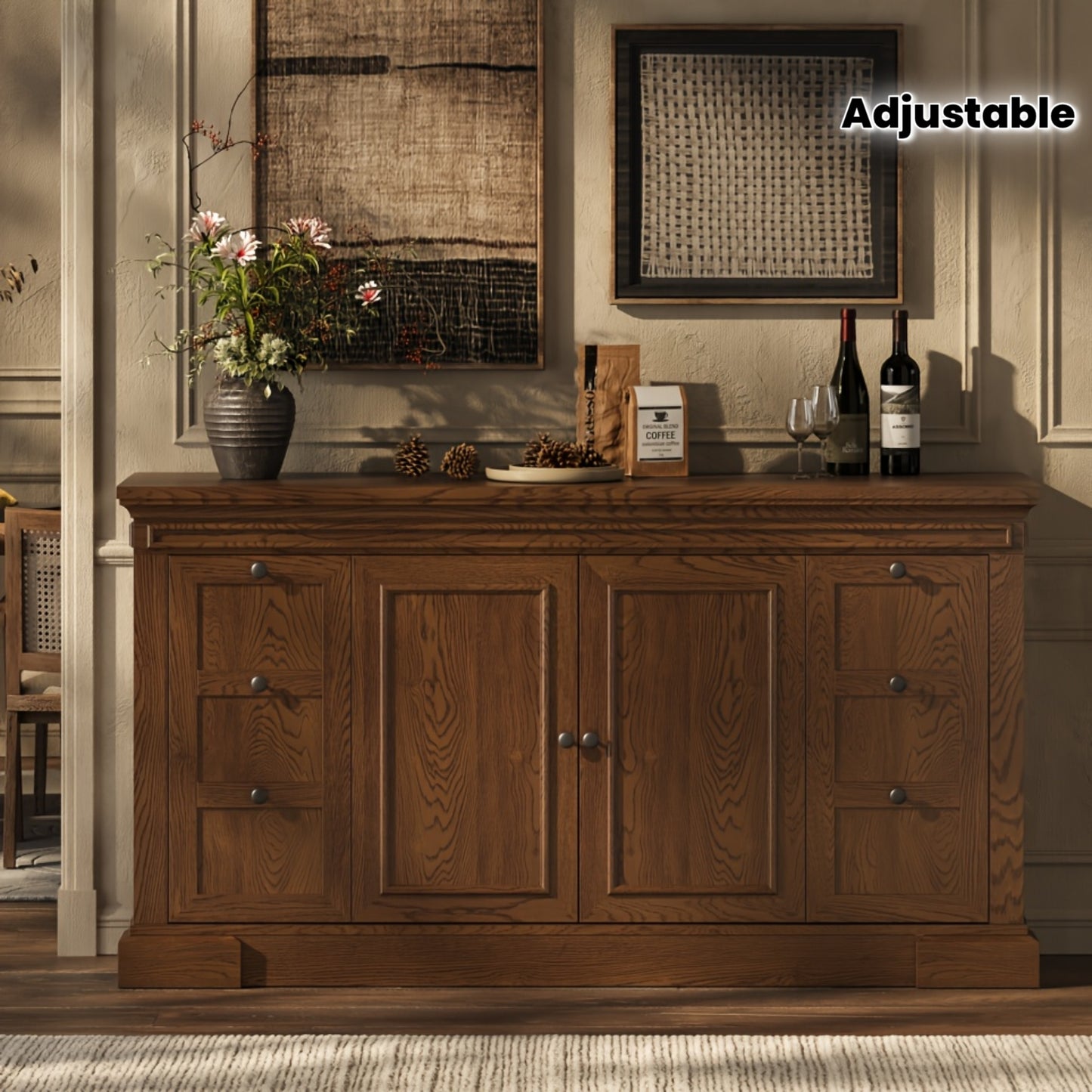 Heritage Farmhouse Buffet Cabinet – 63" Wooden Sideboard with Drawers & Doors