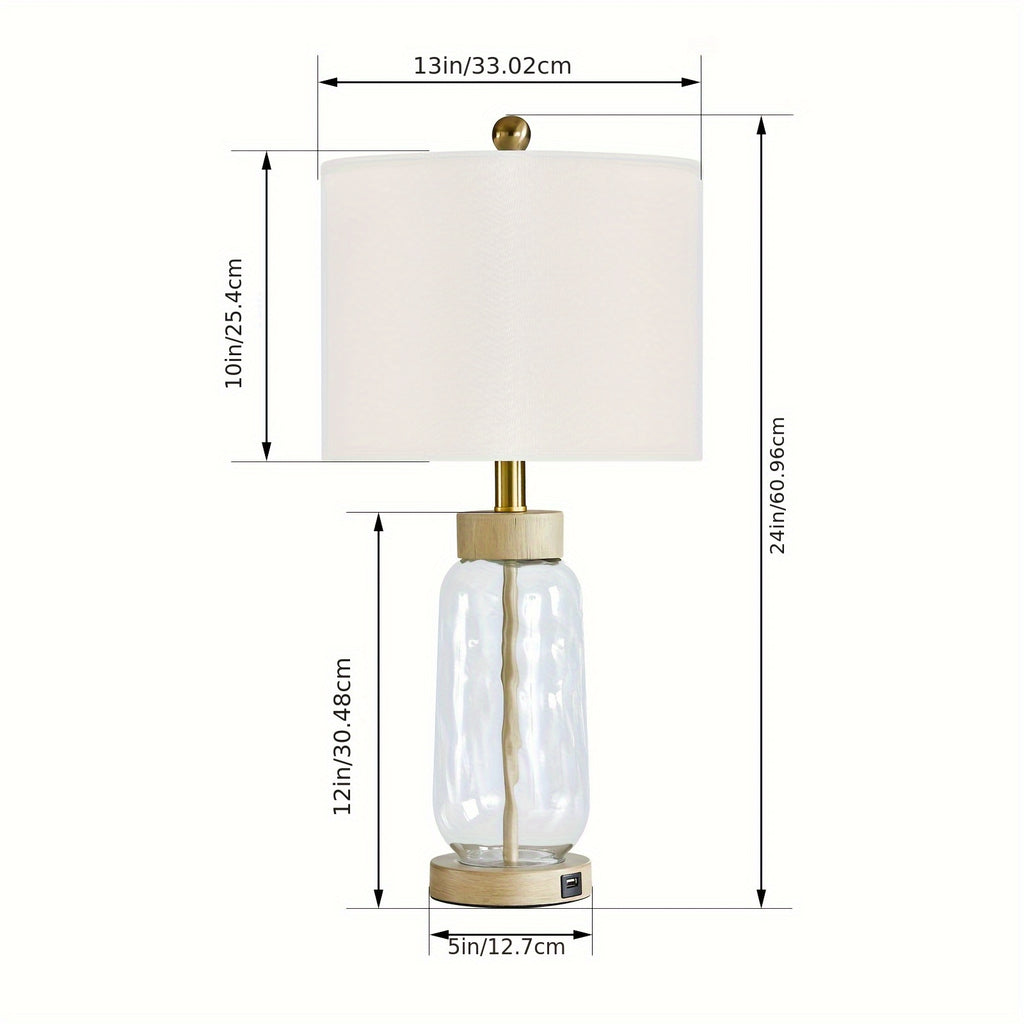 Set of 2 Clear Glass Table Lamps with USB charge port