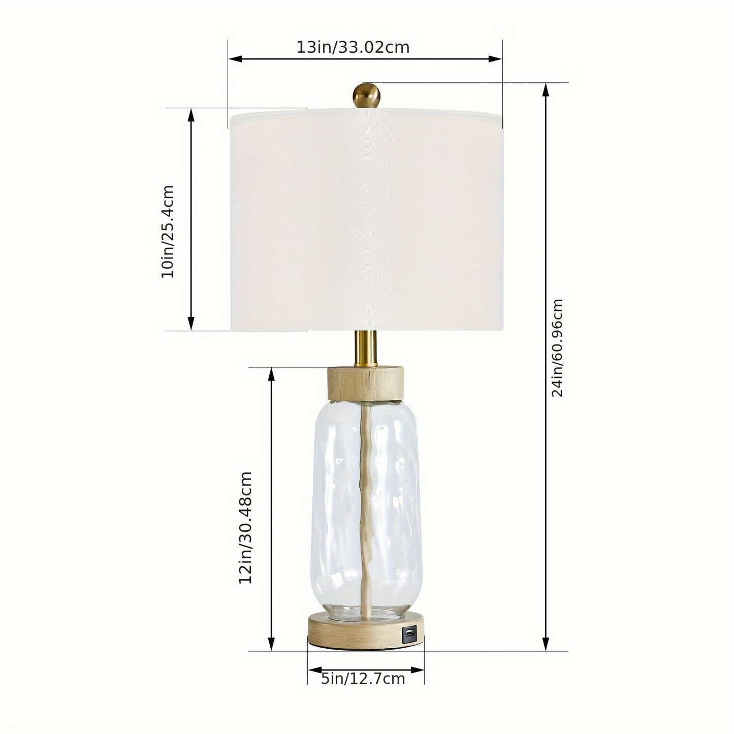 Set of 2 Clear Glass Table Lamps with USB charge port