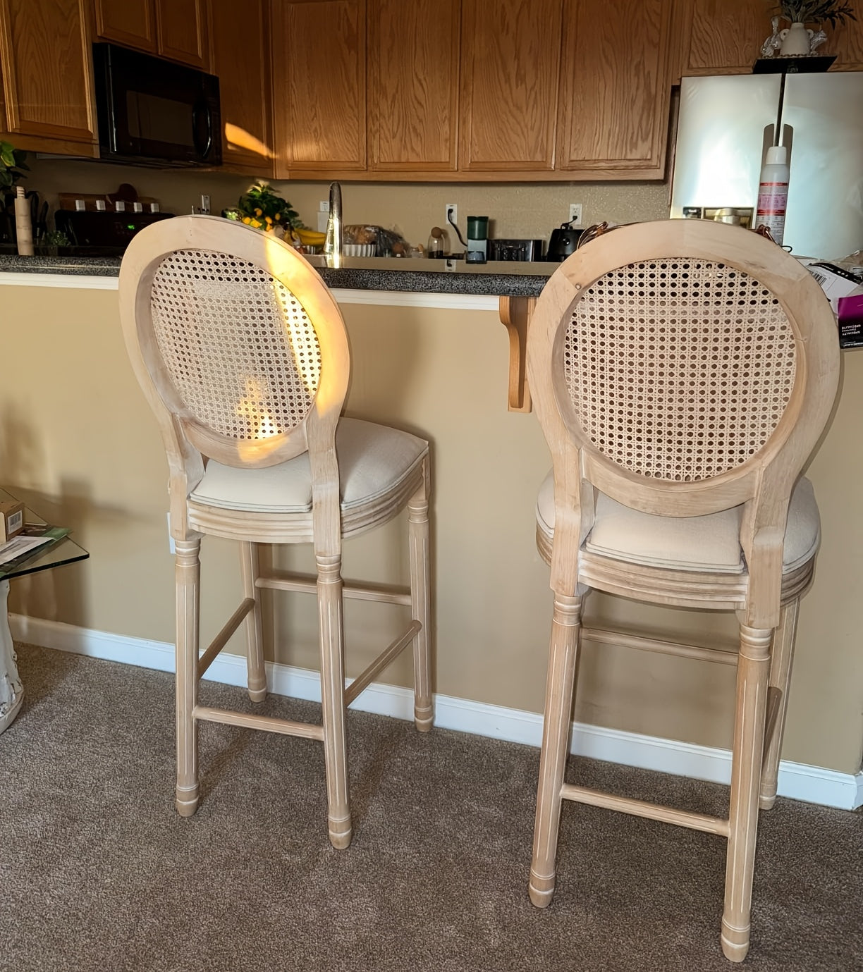 The Coletta Cane Back Counter Stools – Upholstered Solid Wood Counter Height Stools (Set of 2)