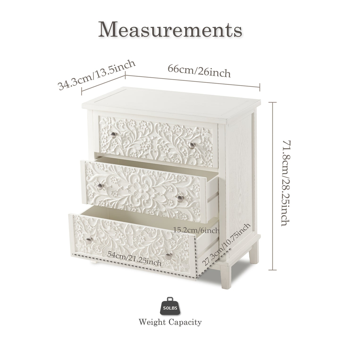 Rustic Farmhouse 3-Drawer Dresser with Floral Motif