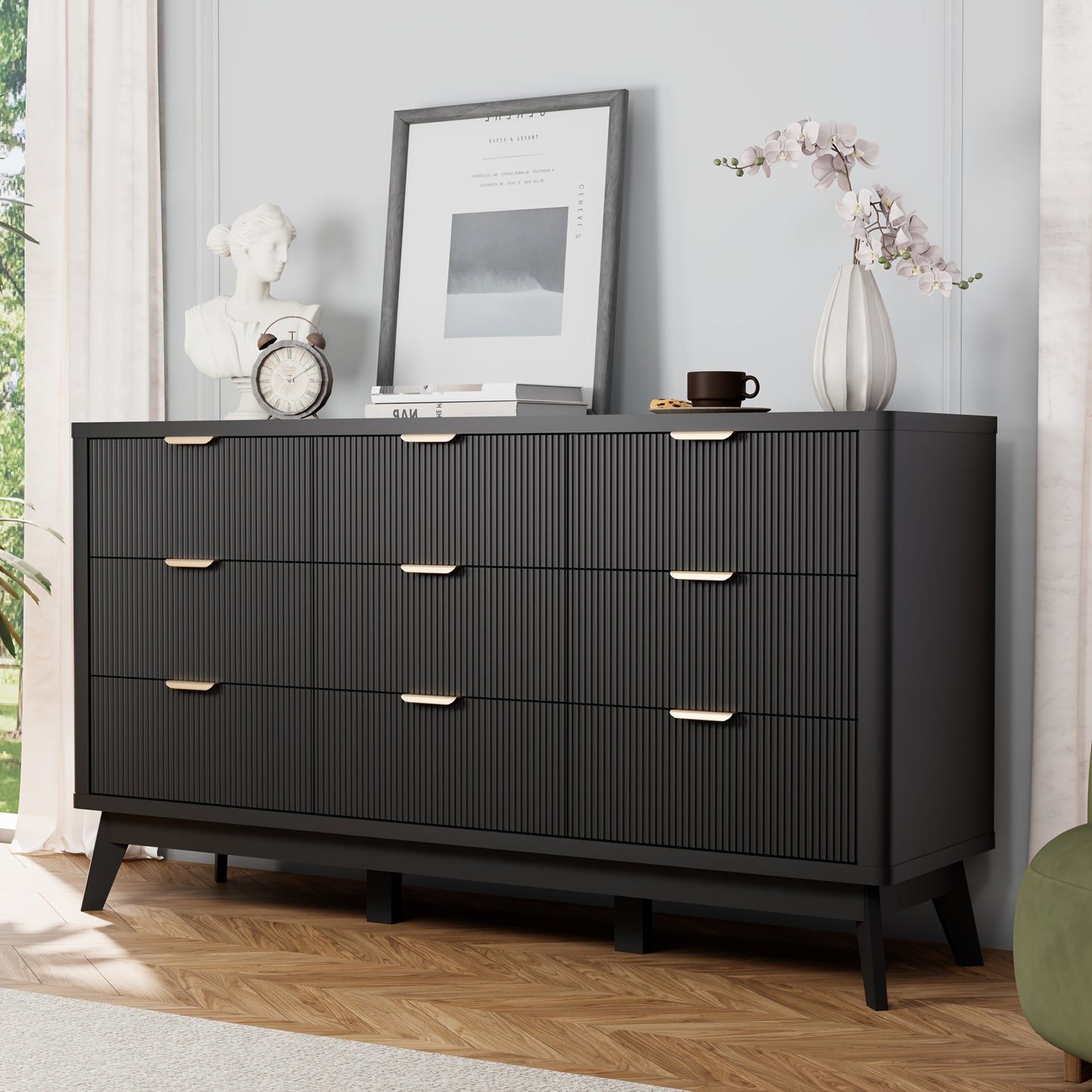 Willow Bend Nine-Drawer Wood Dresser
59″ Mid-Century Inspired Solid Wood Storage Chest