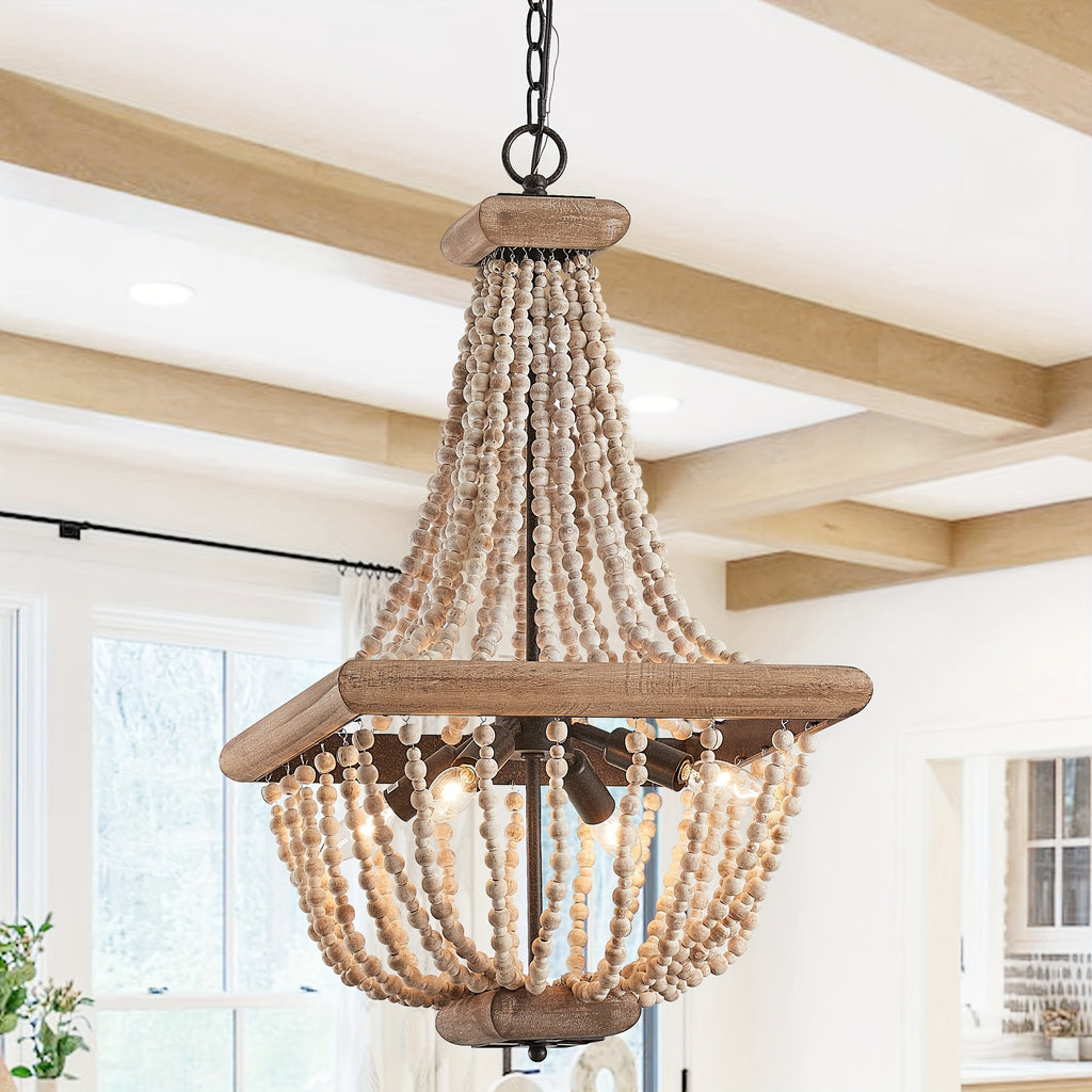 Boho Luxe 4-Light Distressed Wood Beaded Chandelier