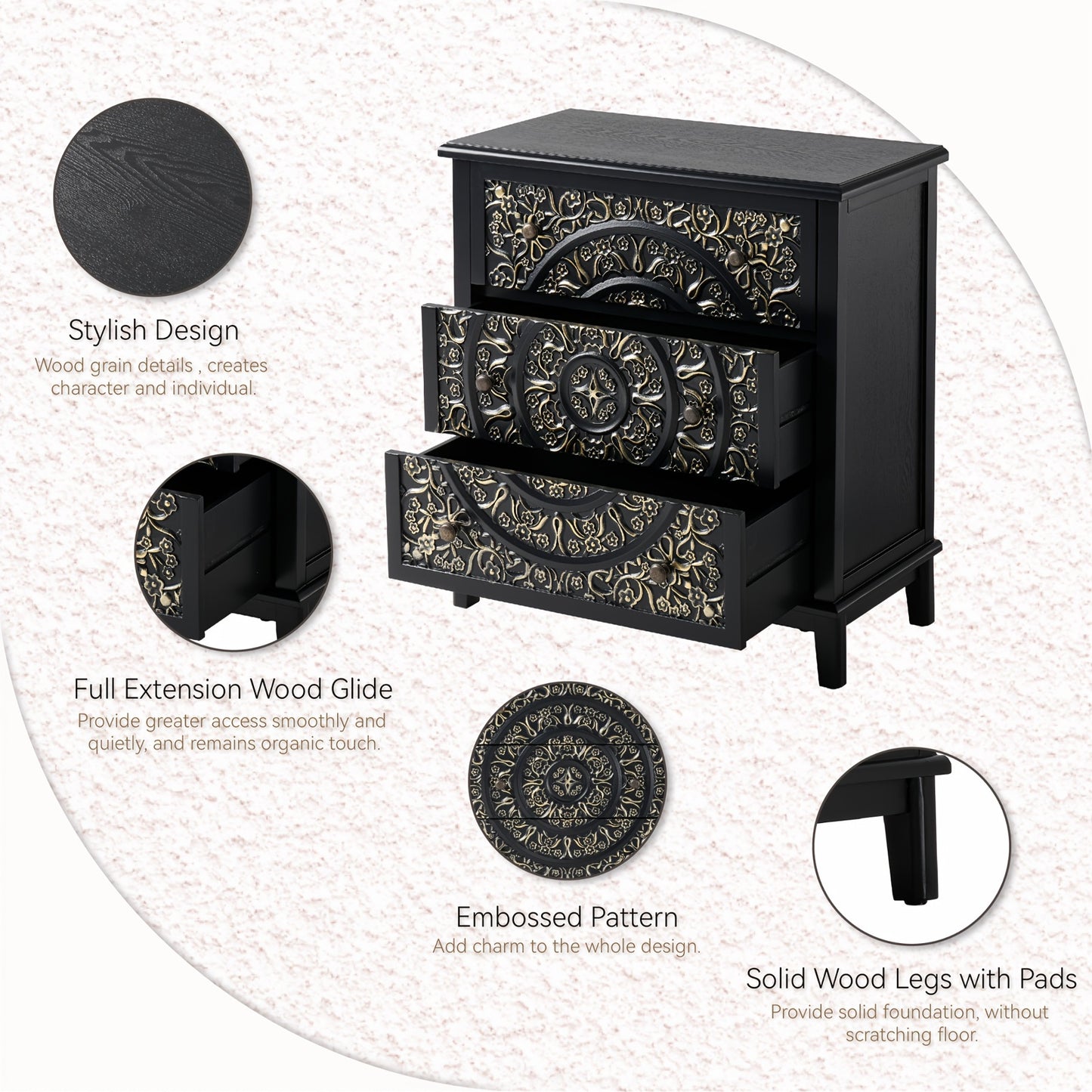 Rustic Farmhouse 3-Drawer Dresser with Floral Motif