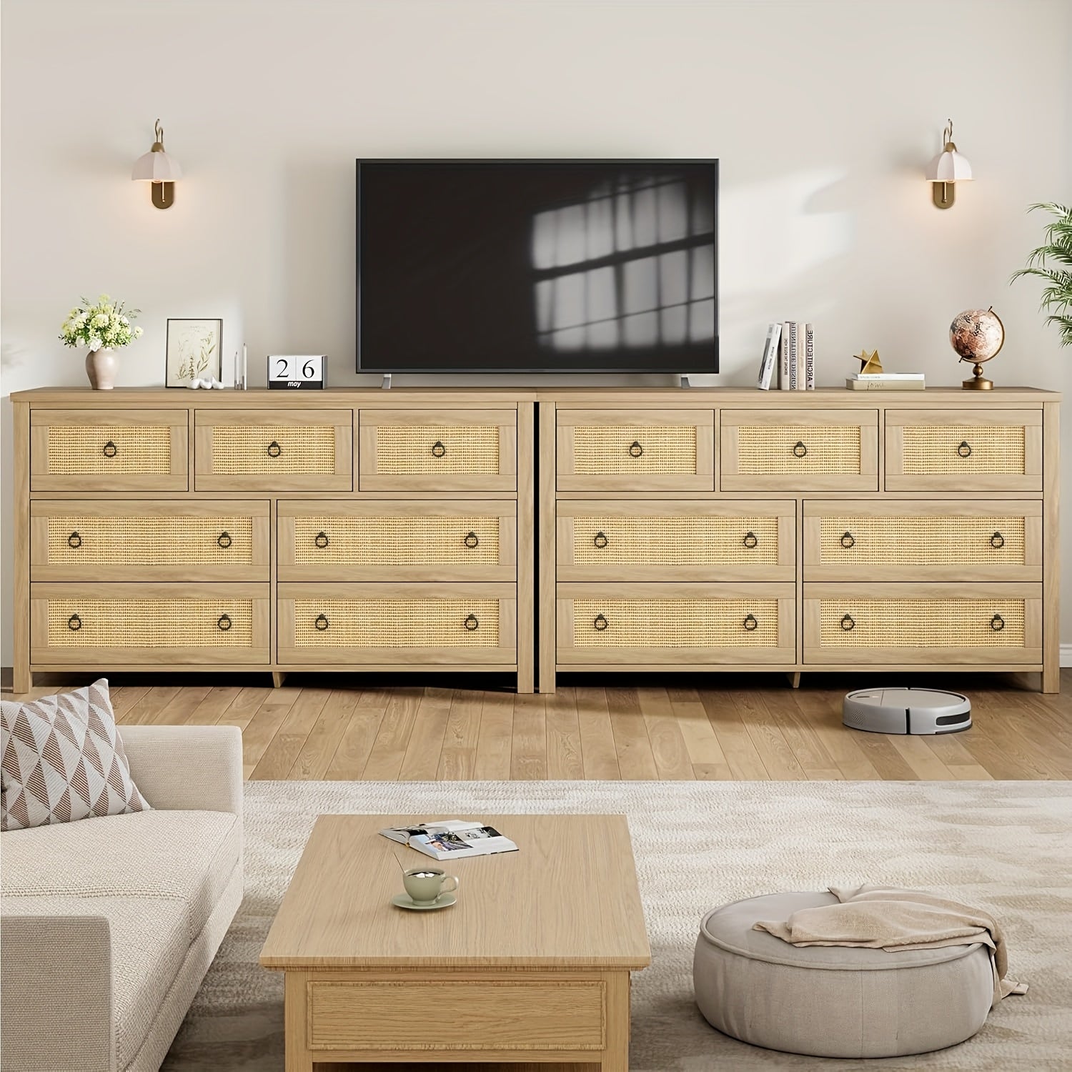 Hawthorn Cane - Front 7 - Drawer Dresser – Neutral Storage Chest - solid wood furniture by Chic Woods