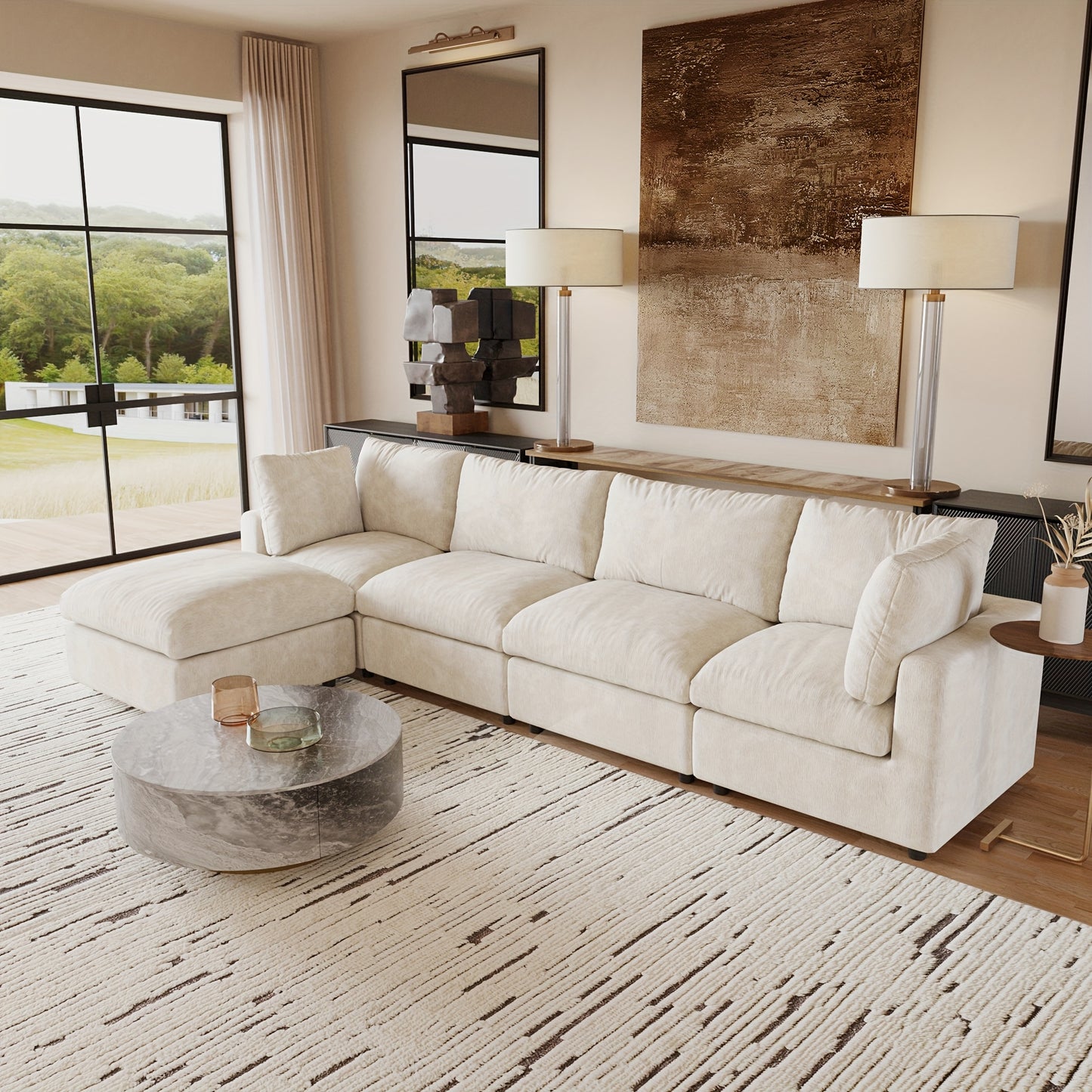 Montclair 134” Modular Lounge Sofa | Oversized L-Shape with Ottoman