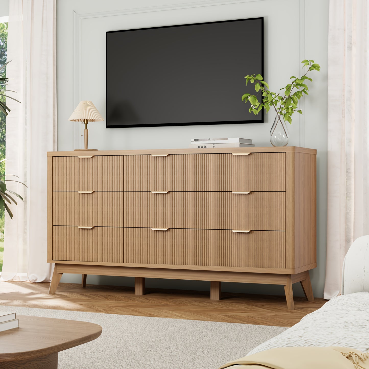 Willow Bend Nine-Drawer Wood Dresser
59″ Mid-Century Inspired Solid Wood Storage Chest