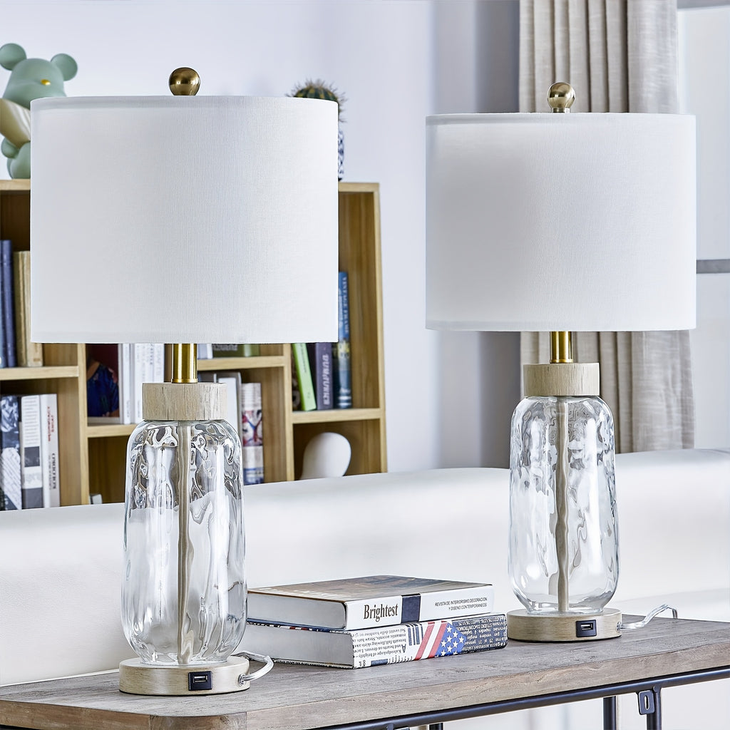 Set of 2 Clear Glass Table Lamps with USB charge port