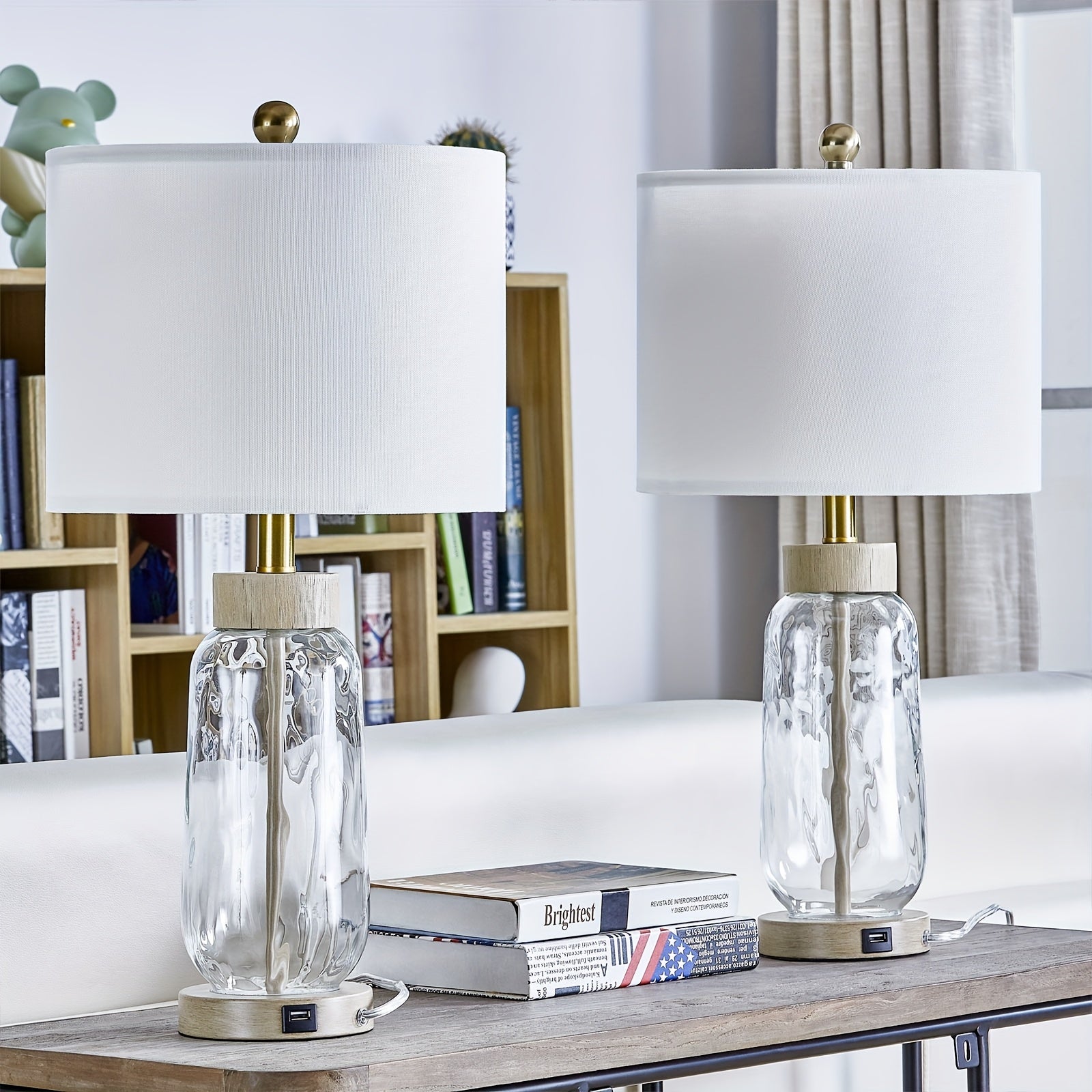 Set of 2 Clear Glass Table Lamps with USB charge port