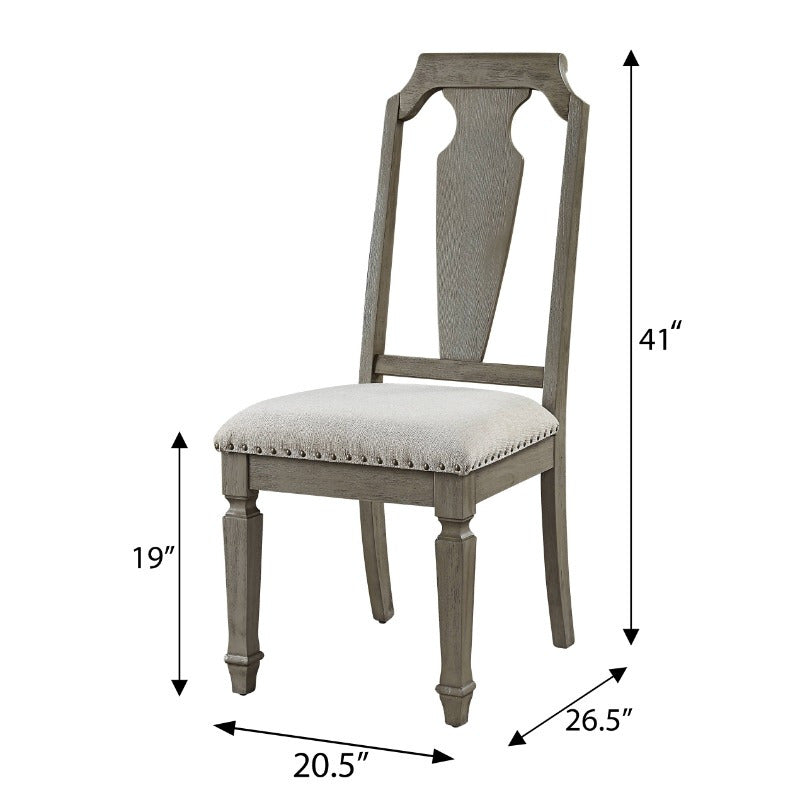 •	“Weathered Oak Open-Back Side Chairs – Set of 2 (Beige Upholstery)”