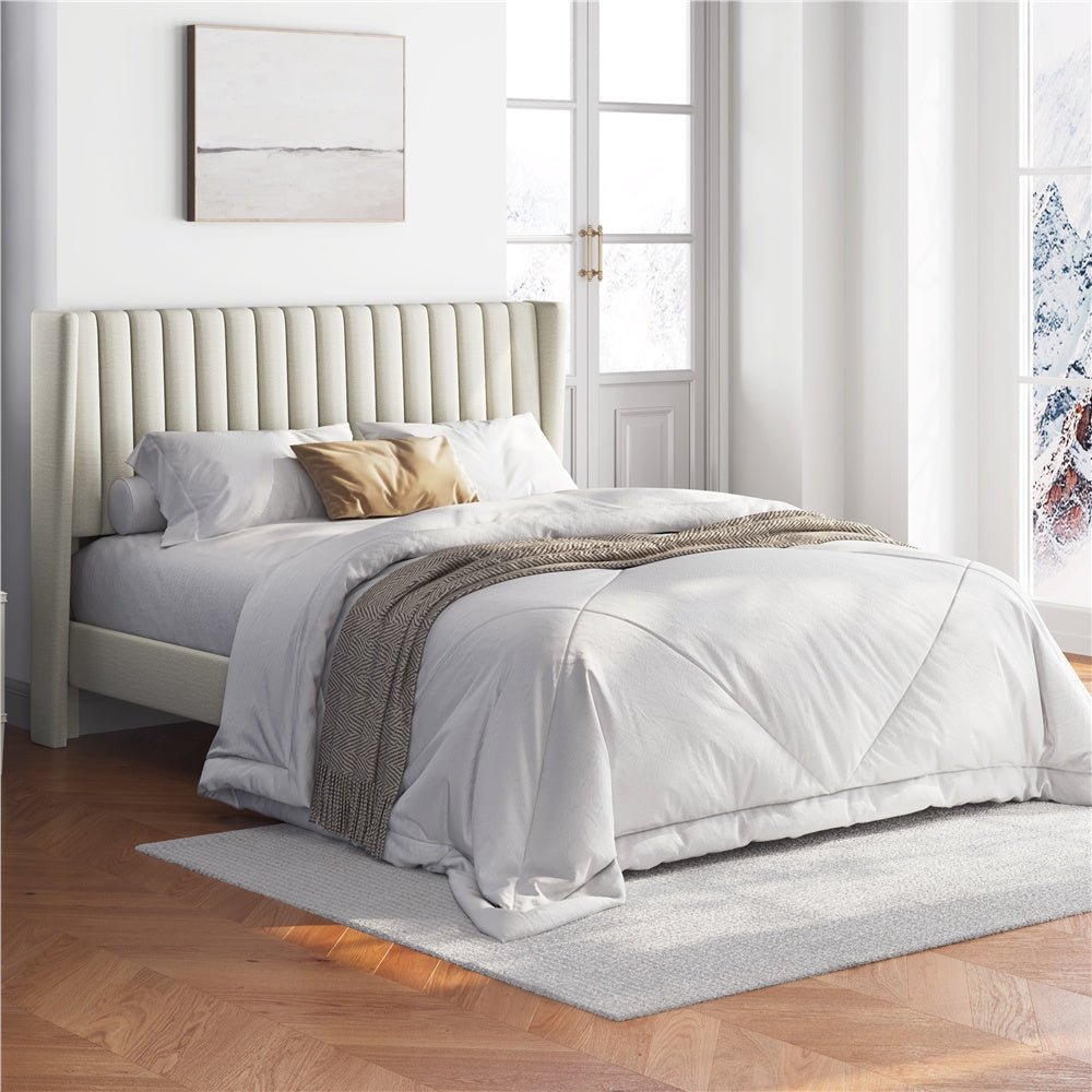 Sloane Wingback Bed – Upholstered Platform Frame, Easy Assembly - solid wood furniture by Chic Woods