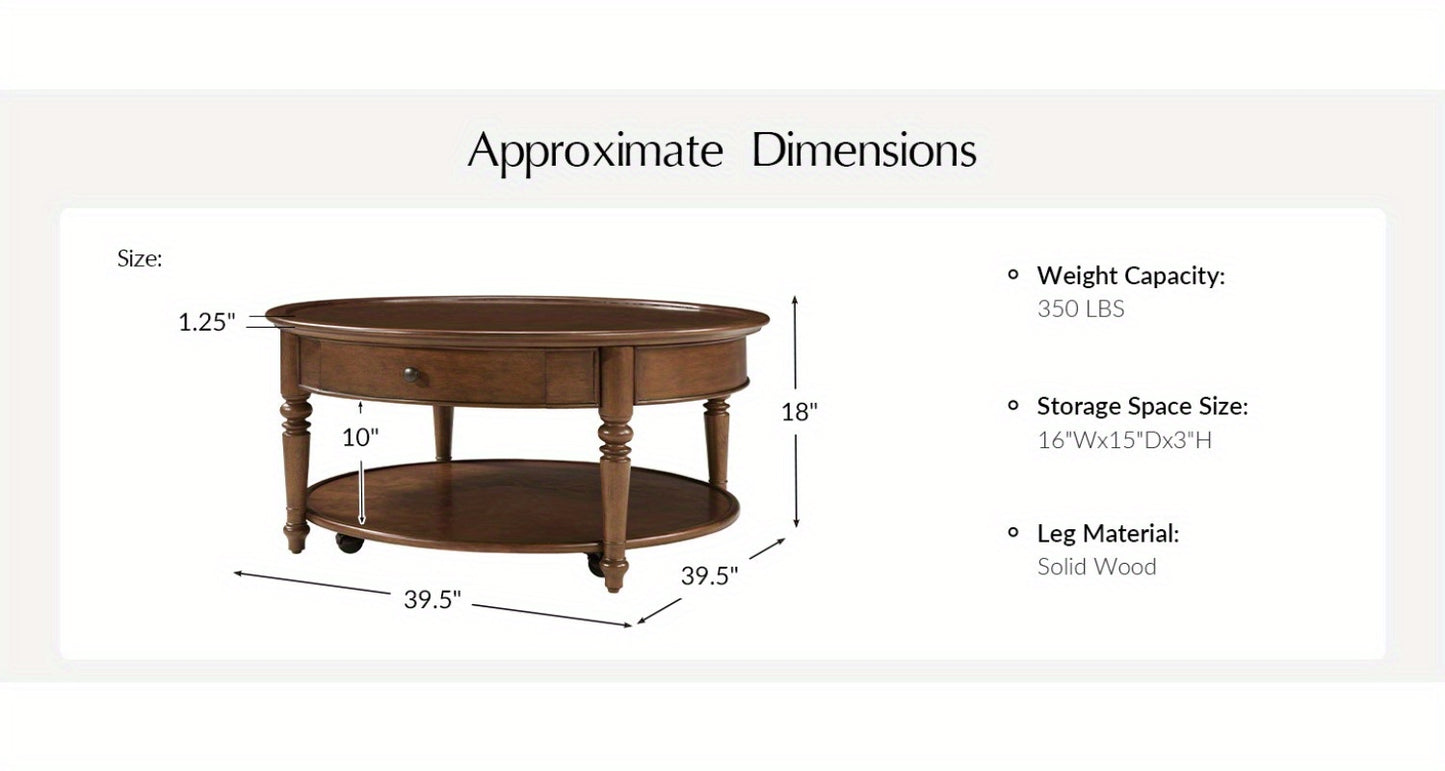 Bennett Round Walnut Coffee Table | 2-Tier with Drawer & Casters