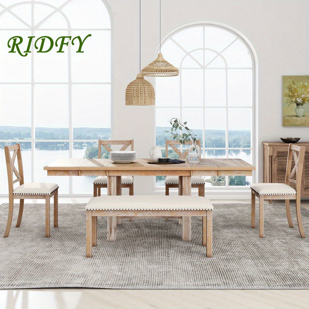 Thompson 6-Piece Farmhouse Dining Set- 82" Extendable Table with Footrest, 4 Upholstered Chairs & Bench, Natural beige Cushions