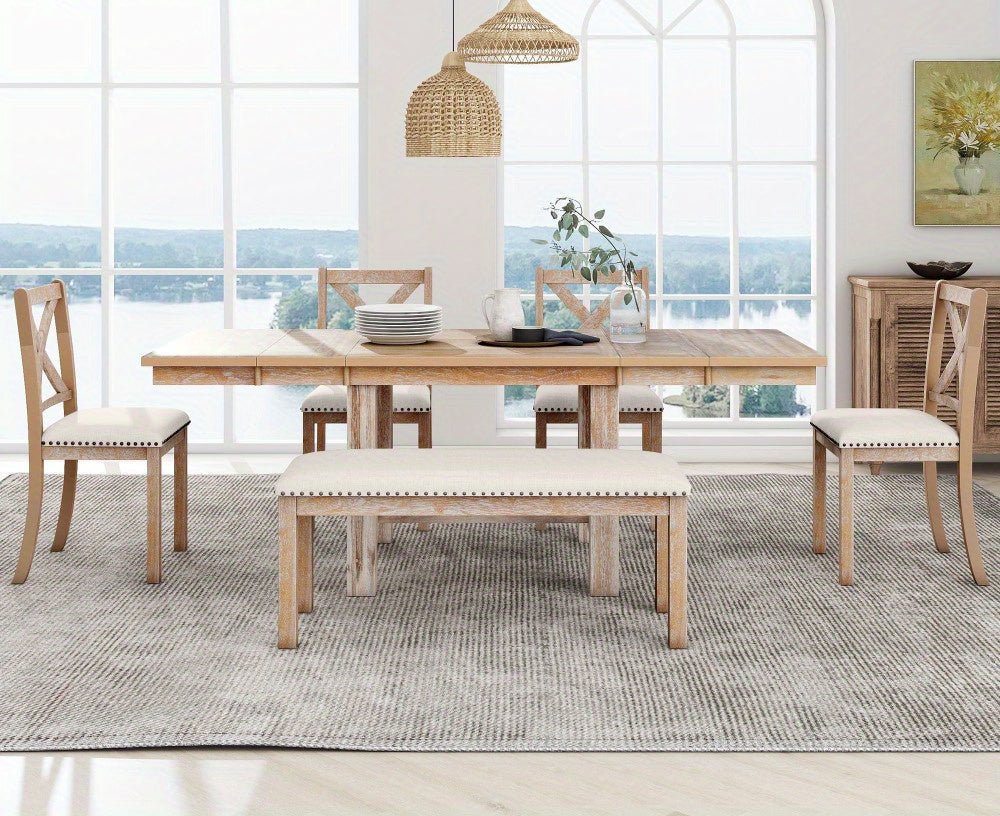 Thompson 6 - Piece Farmhouse Dining Set - 82" Extendable Table with Footrest, 4 Upholstered Chairs & Bench, Natural beige Cushions - solid wood furniture by Chic Woods