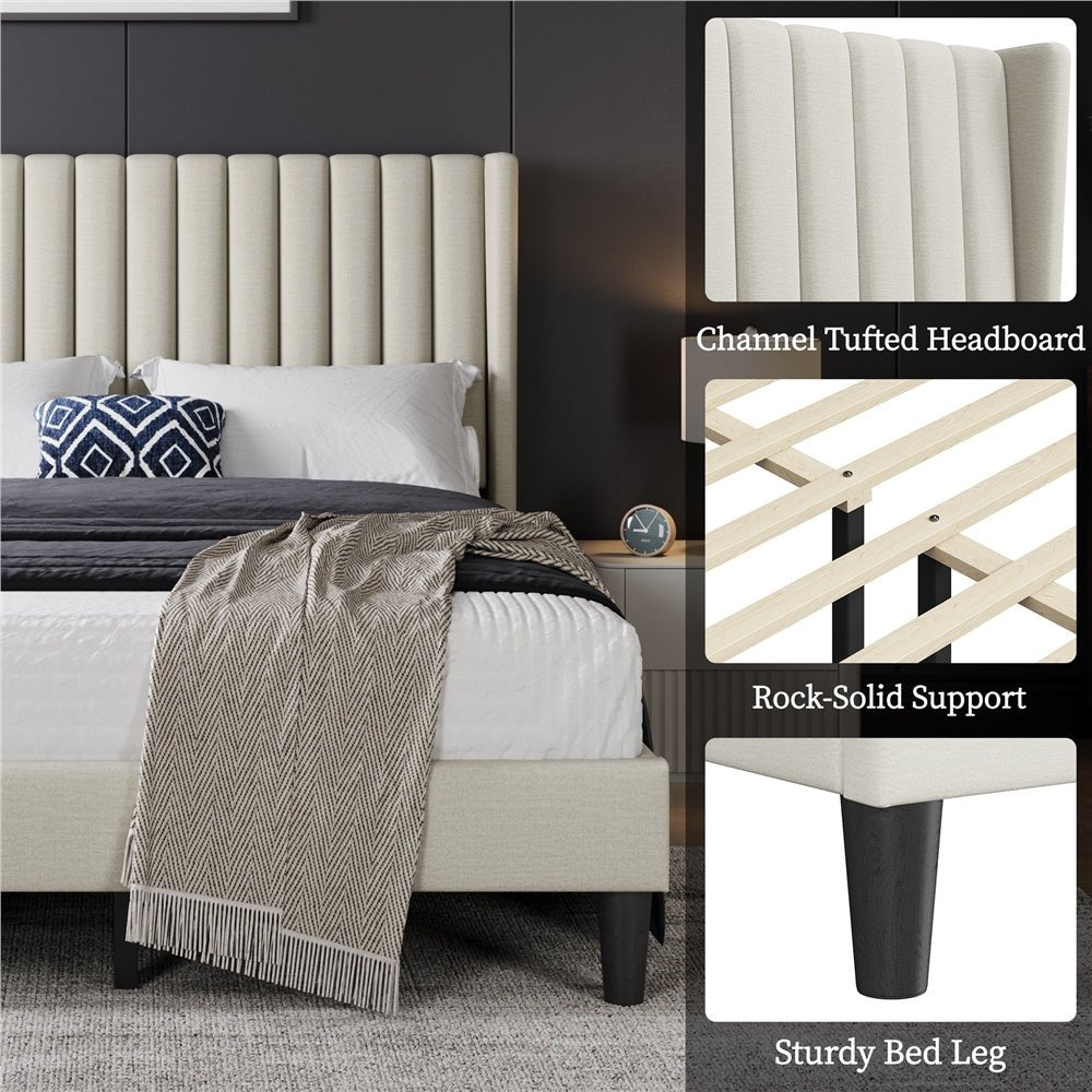 Sloane Wingback Bed – Upholstered Platform Frame, Easy Assembly - solid wood furniture by Chic Woods