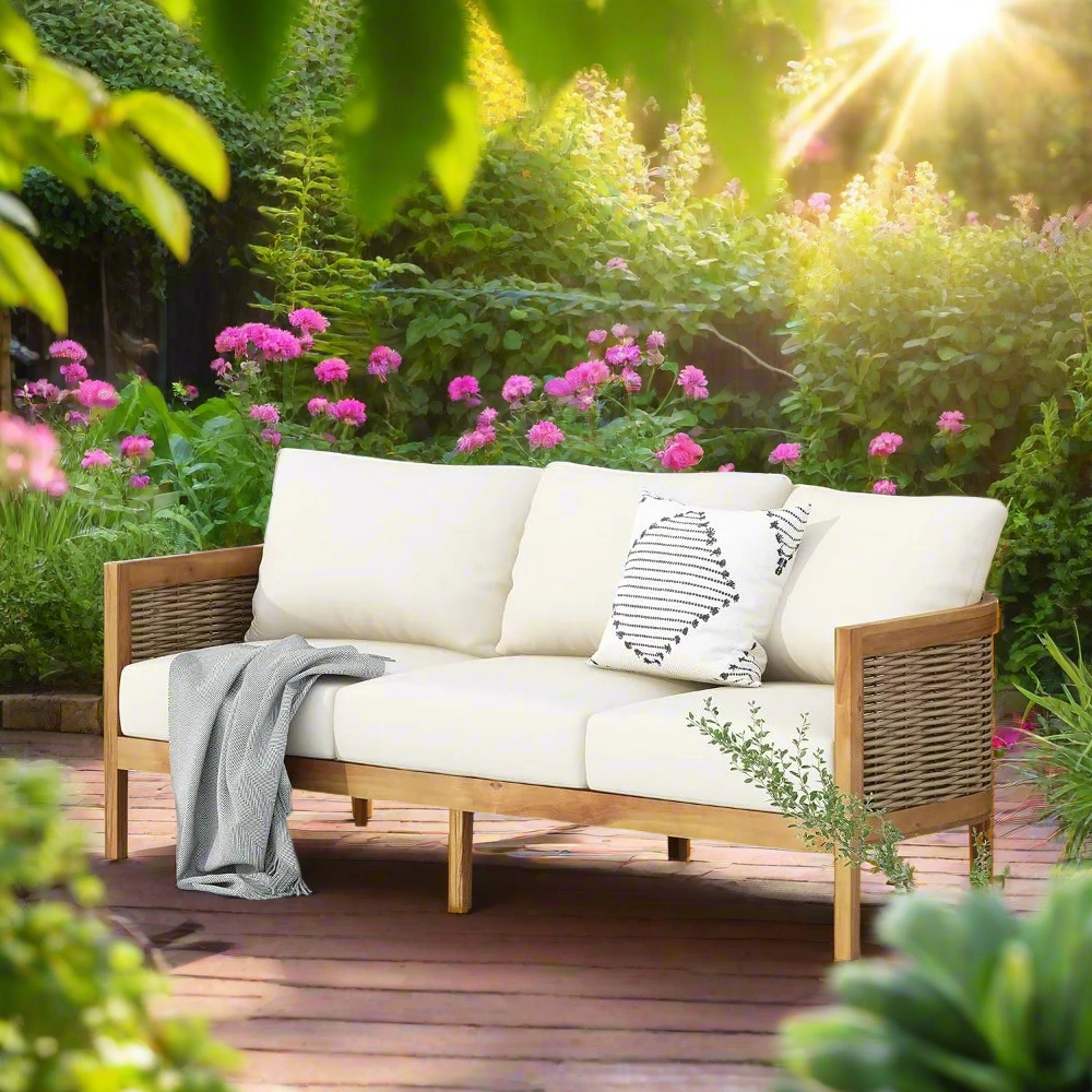 Outdoor Acacia Wood & Wicker Sofa