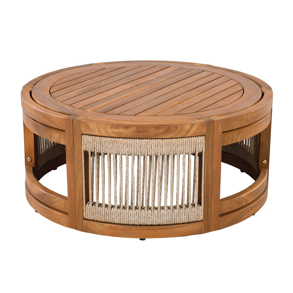 27.95" Acacia Wood Outdoor Coffee Table - Handwoven Rope Accent Boho Patio Table with All-Weather Durability