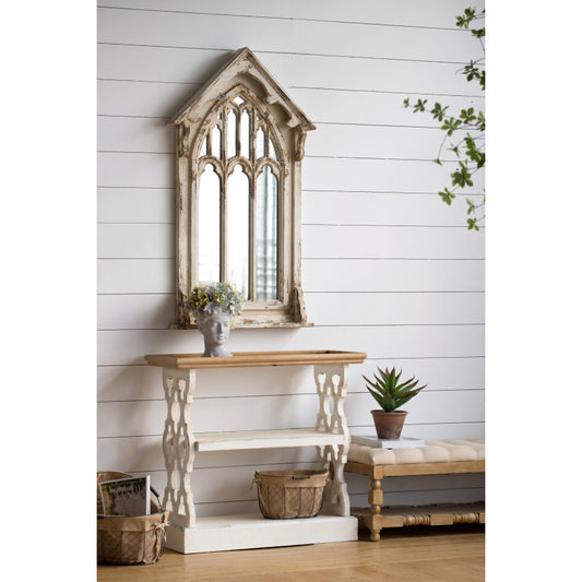 Distressed White & Natural Wood 3-Tier Console Table | French Country Entryway Shelf