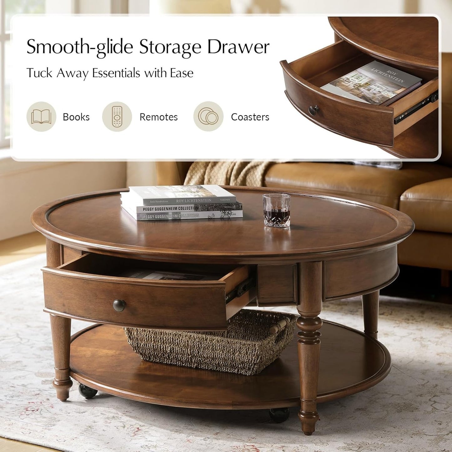 Bennett Round Walnut Coffee Table | 2-Tier with Drawer & Casters